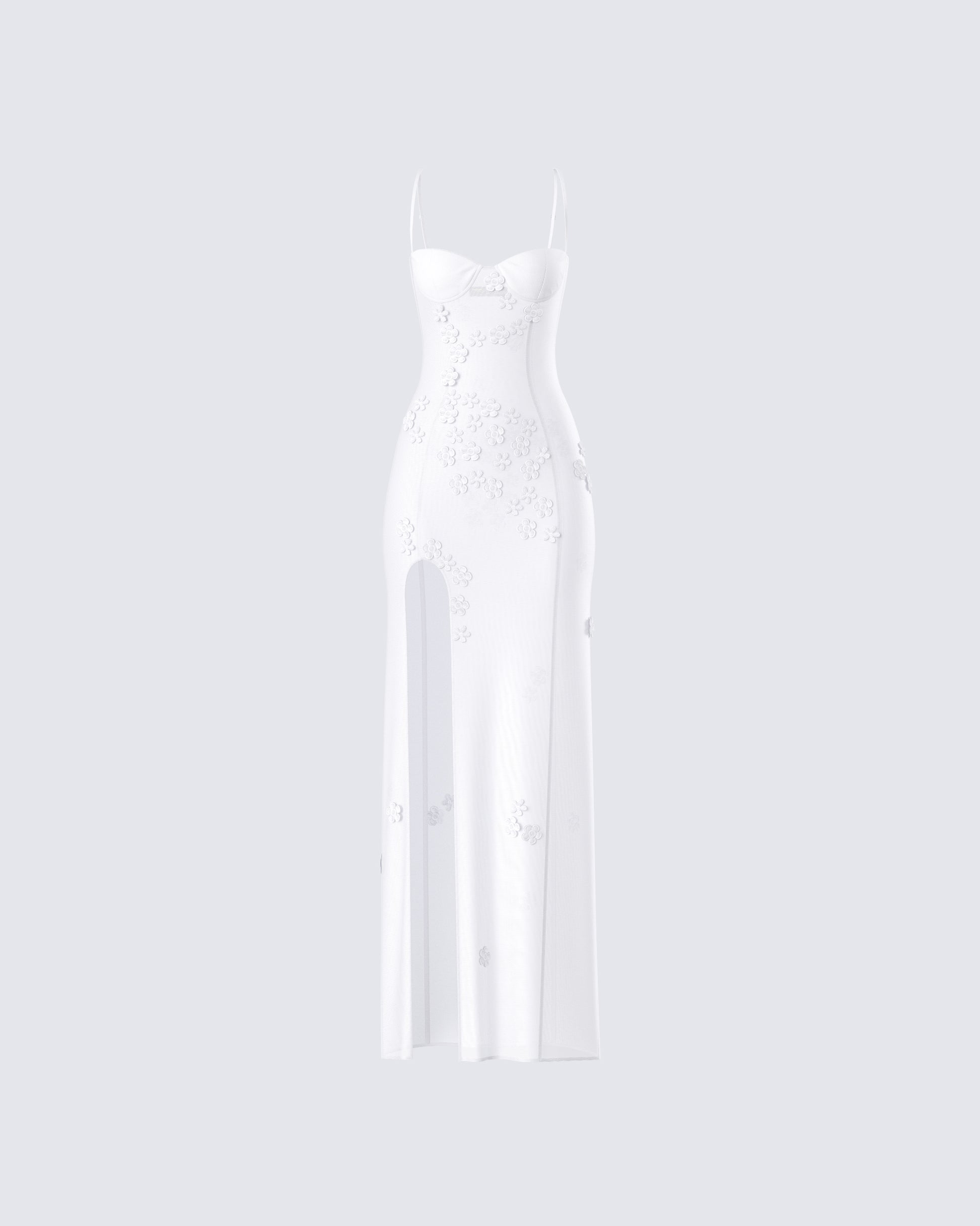 White Floral Mesh Maxi Dress - Sheer Overlay Formal FINESSE White Floral Mesh Maxi Dress - Sheer Overlay Formal FINESSE