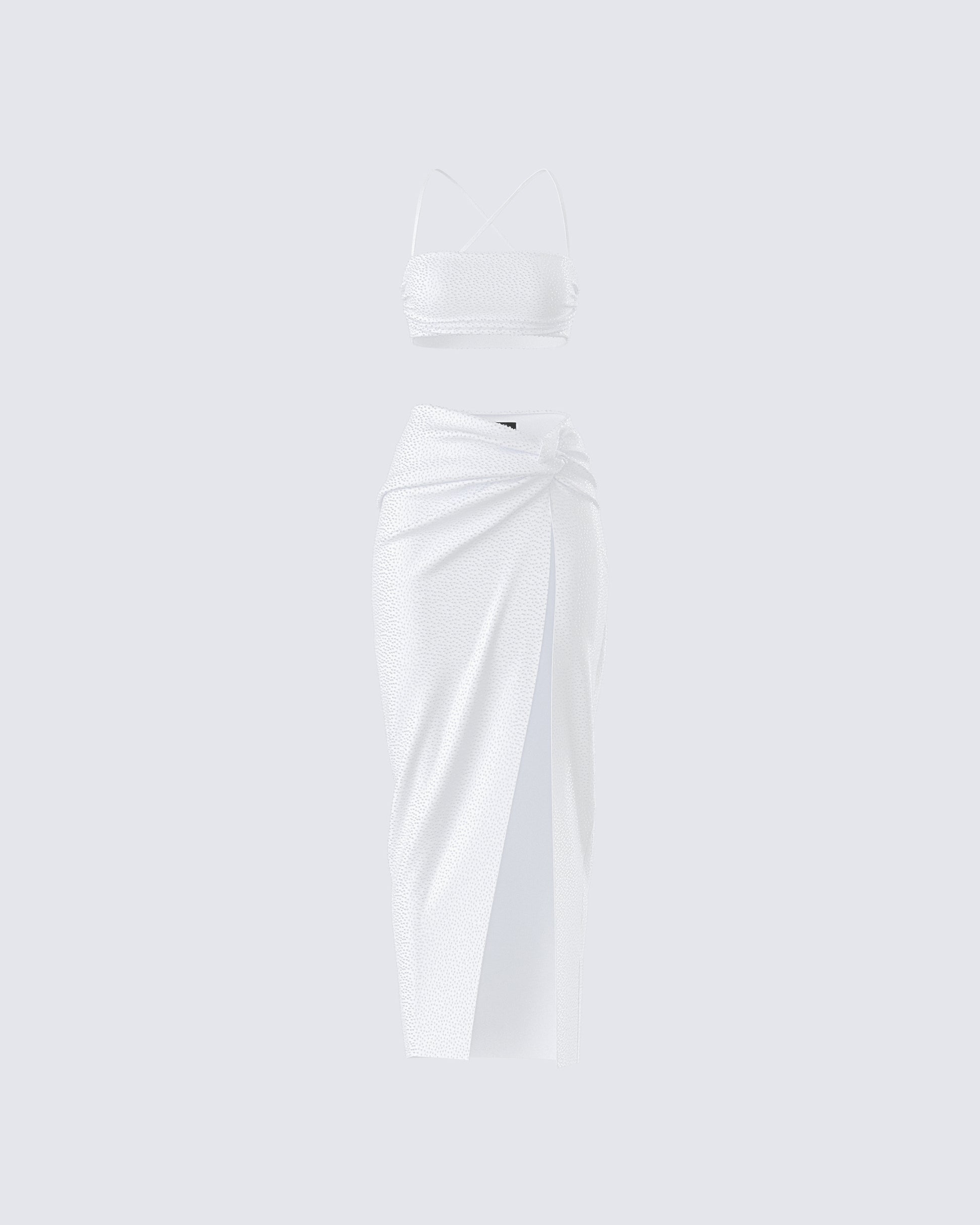 White Beaded Maxi Two-Piece Set - Crop Top + Wrap Skirt FINESSE White Beaded Maxi Two-Piece Set - Crop Top + Wrap Skirt FINESSE