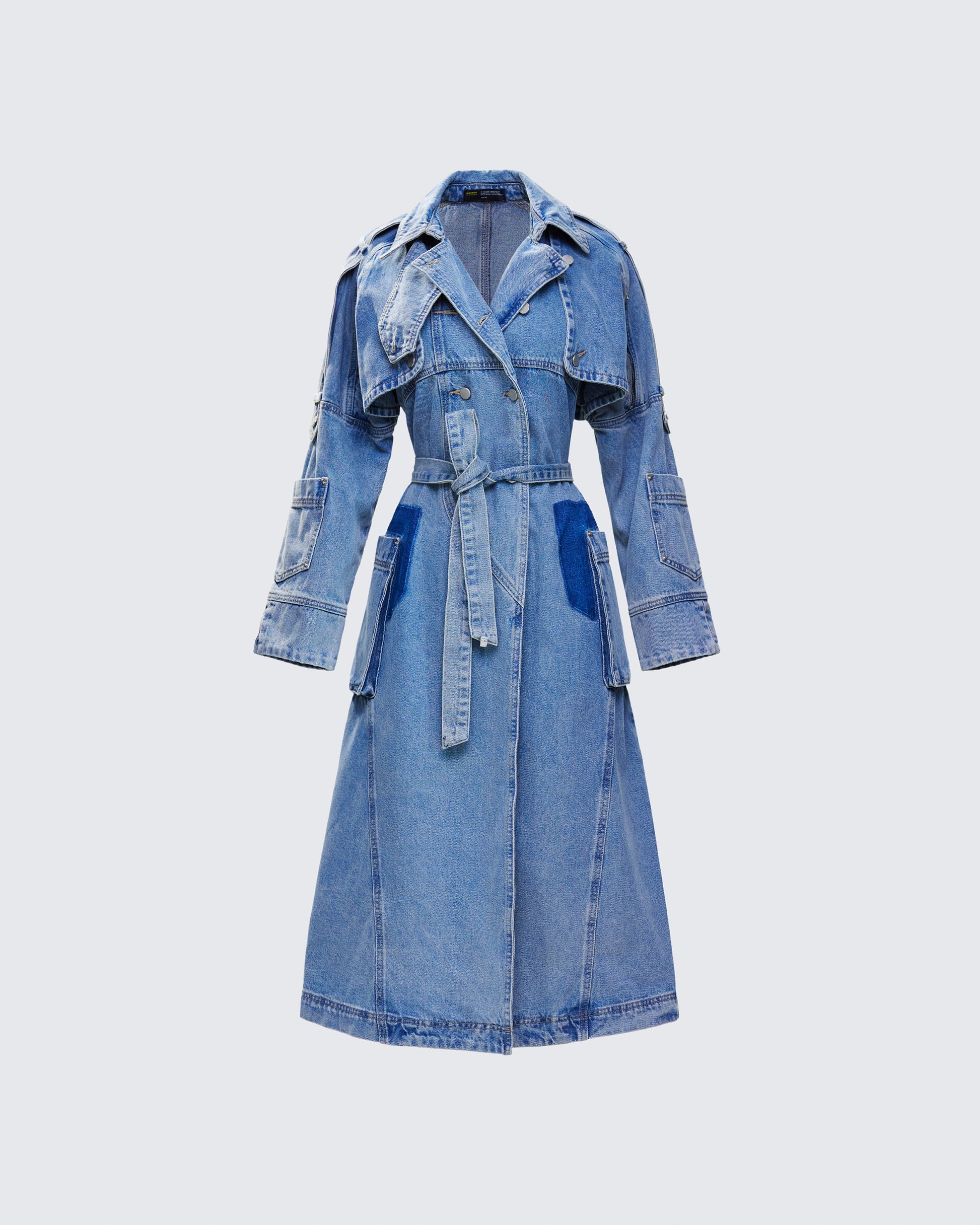Blue Denim Trench Coat - Belted Long Duster FINESSE Blue Denim Trench Coat - Belted Long Duster FINESSE