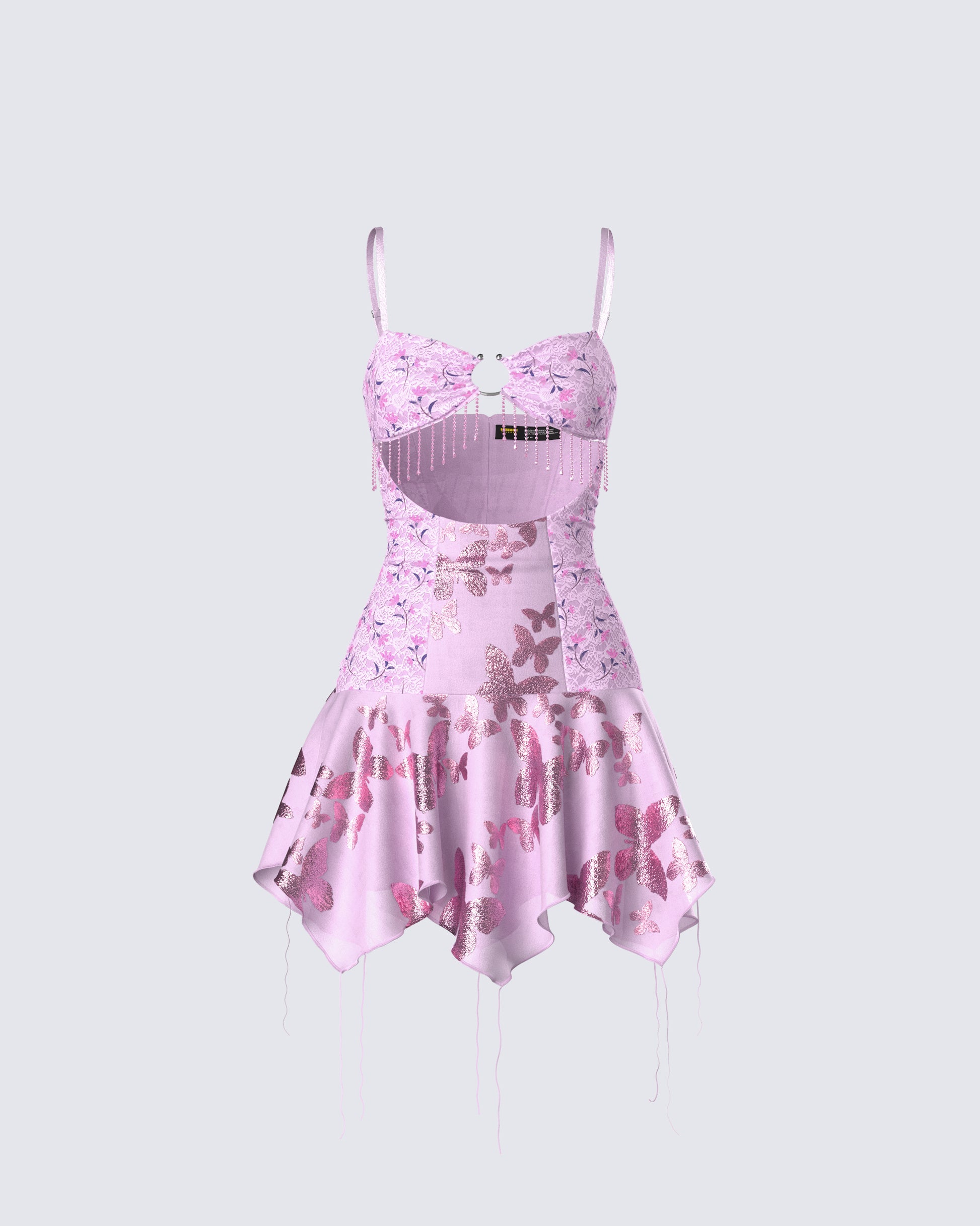 Pink Lace Sequin Mini Dress - Cutout Handkerchief Hem FINESSE Pink Lace Sequin Mini Dress - Cutout Handkerchief Hem FINESSE