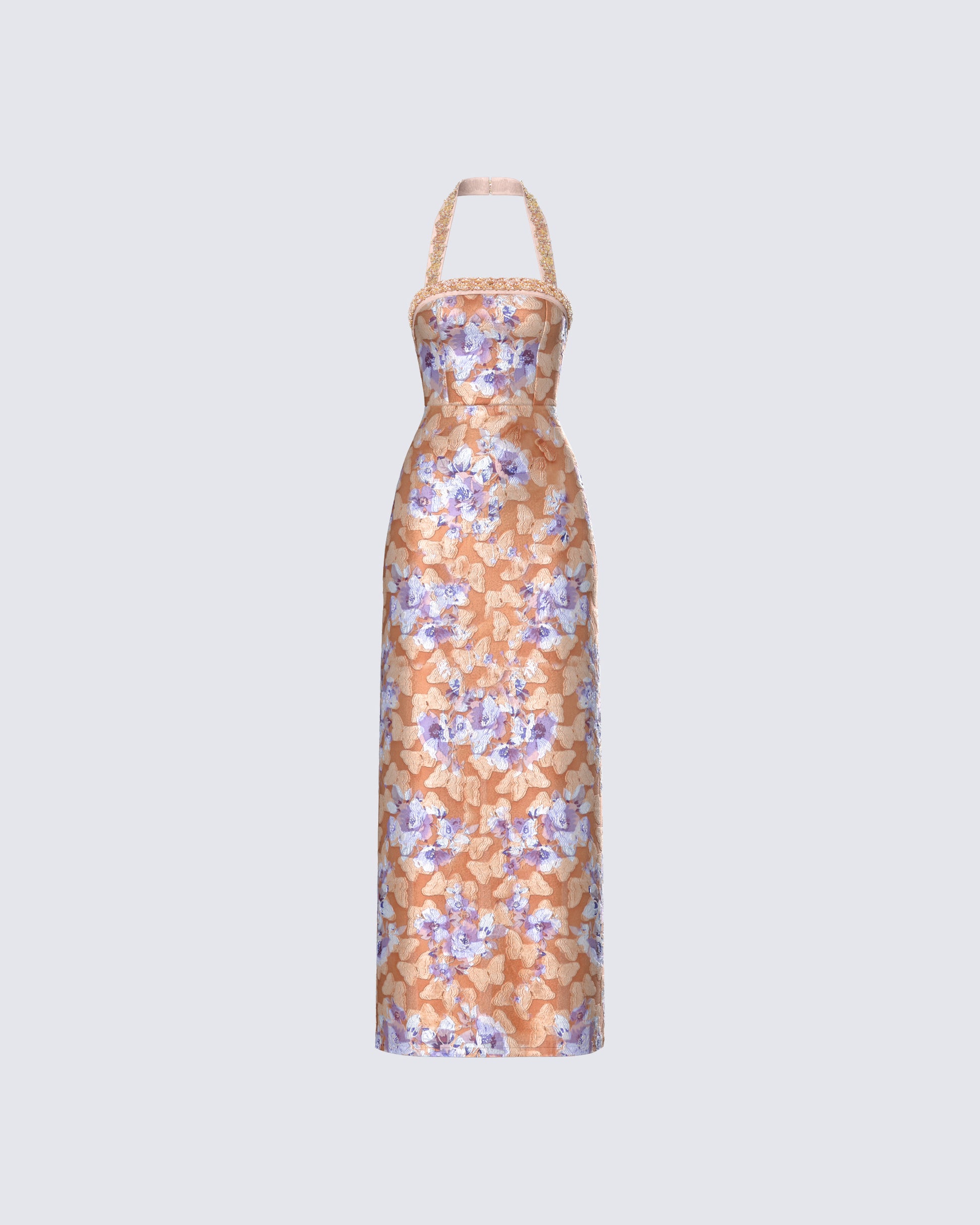 Orange Floral Burnout Maxi Dress - Halter Garden Party FINESSE Orange Floral Burnout Maxi Dress - Halter Garden Party FINESSE