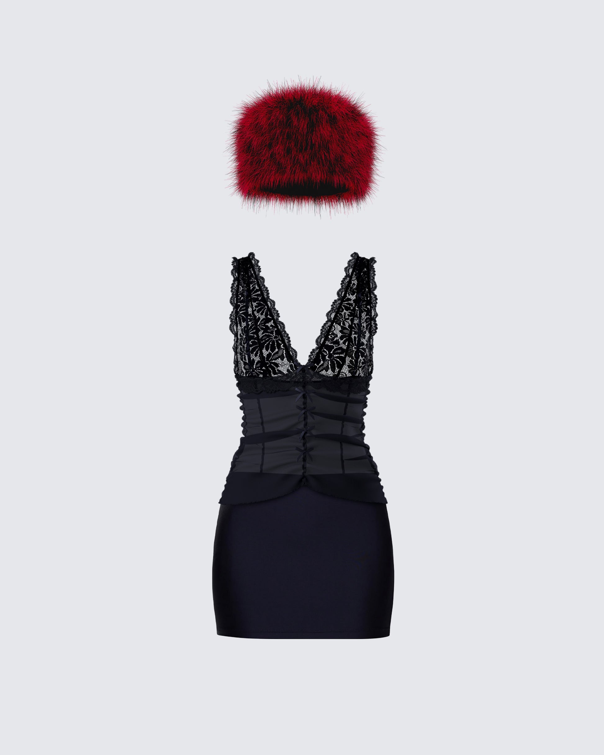 Black Lace Corset Dress + Red Fur Hat Set Black Lace Corset Dress + Red Fur Hat Set