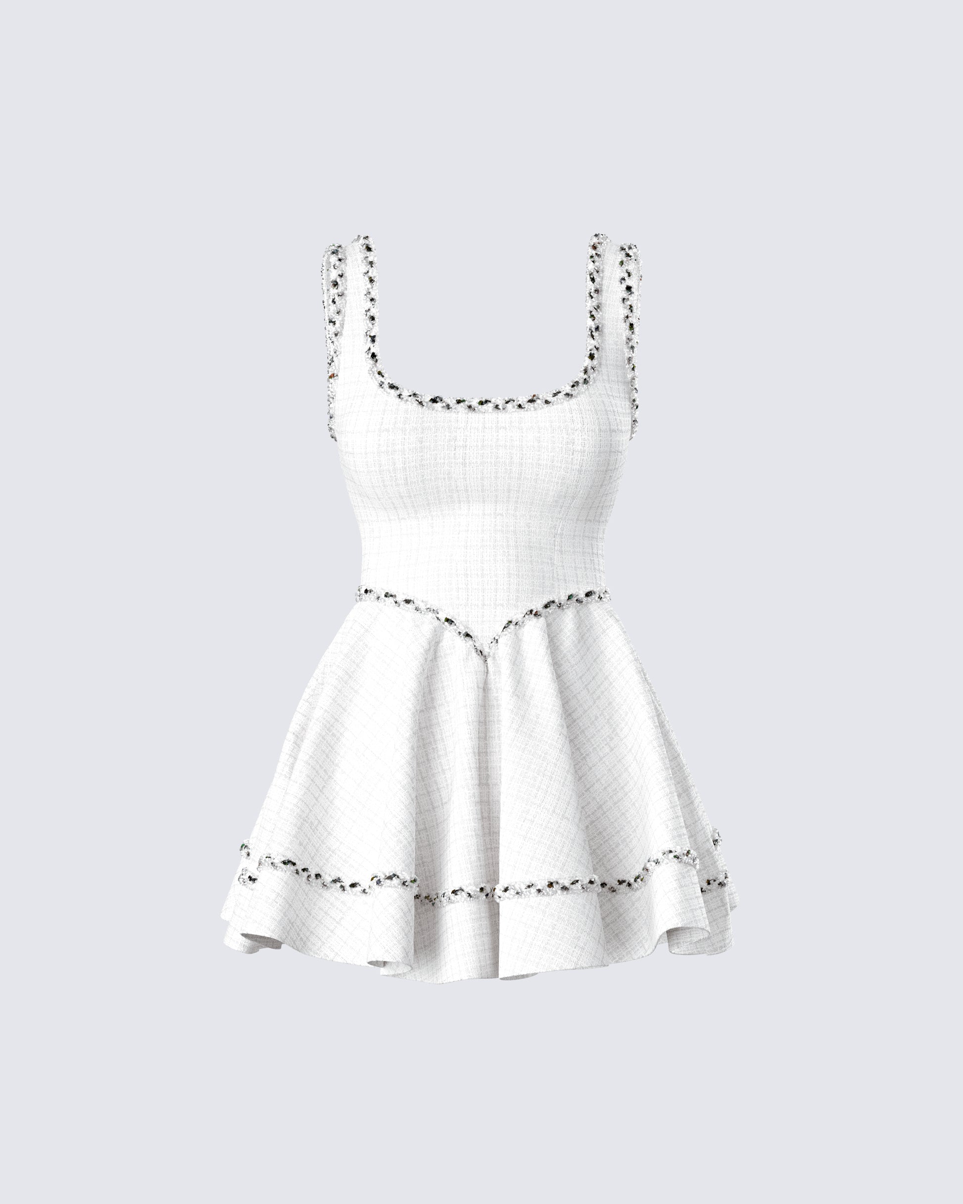 Ivory Tweed Mini Dress - Fit and Flare Smocked FINESSE Ivory Tweed Mini Dress - Fit and Flare Smocked FINESSE