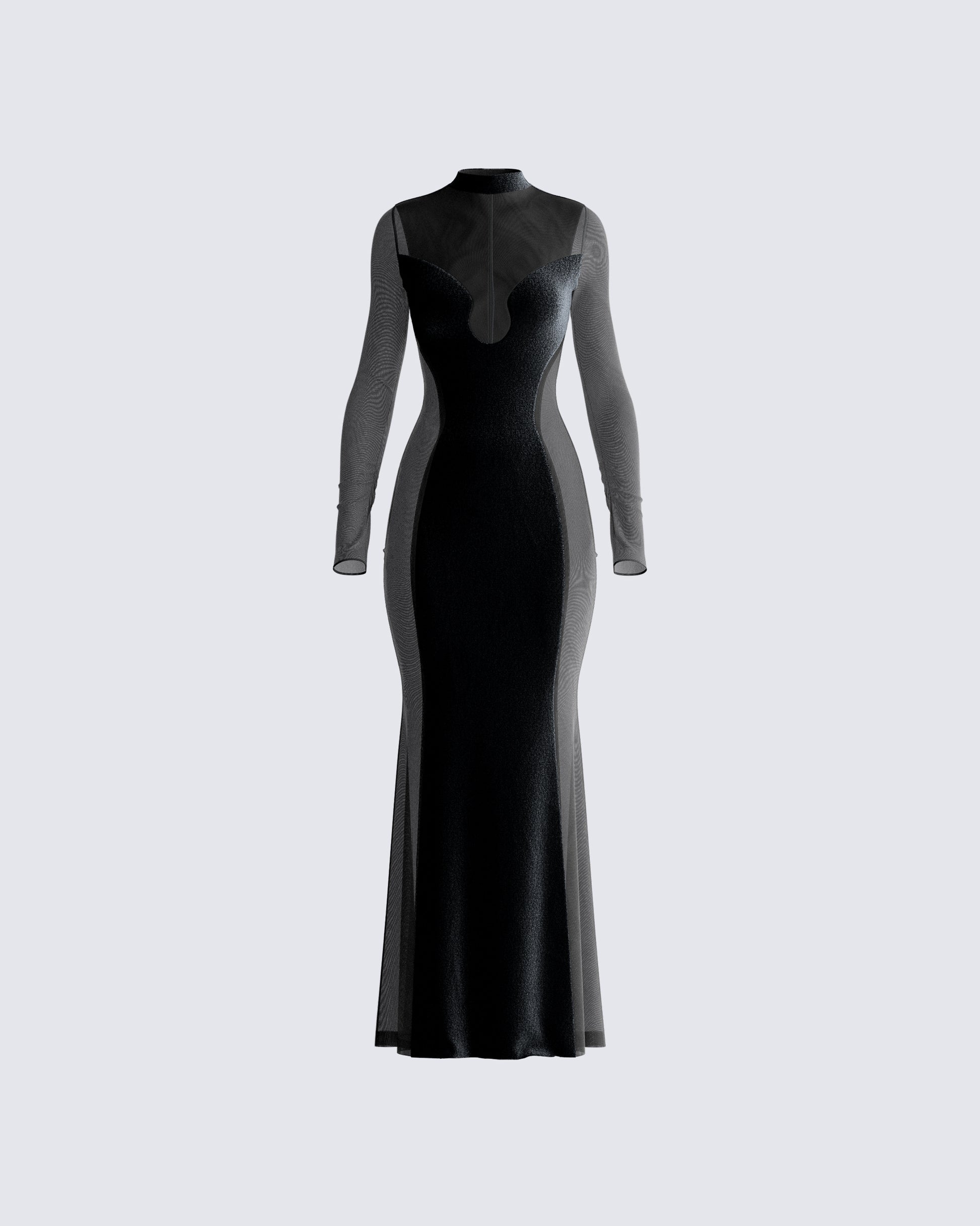 Black Velvet Gown - Long Sleeve Mesh Panel Formal FINESSE Black Velvet Gown - Long Sleeve Mesh Panel Formal FINESSE
