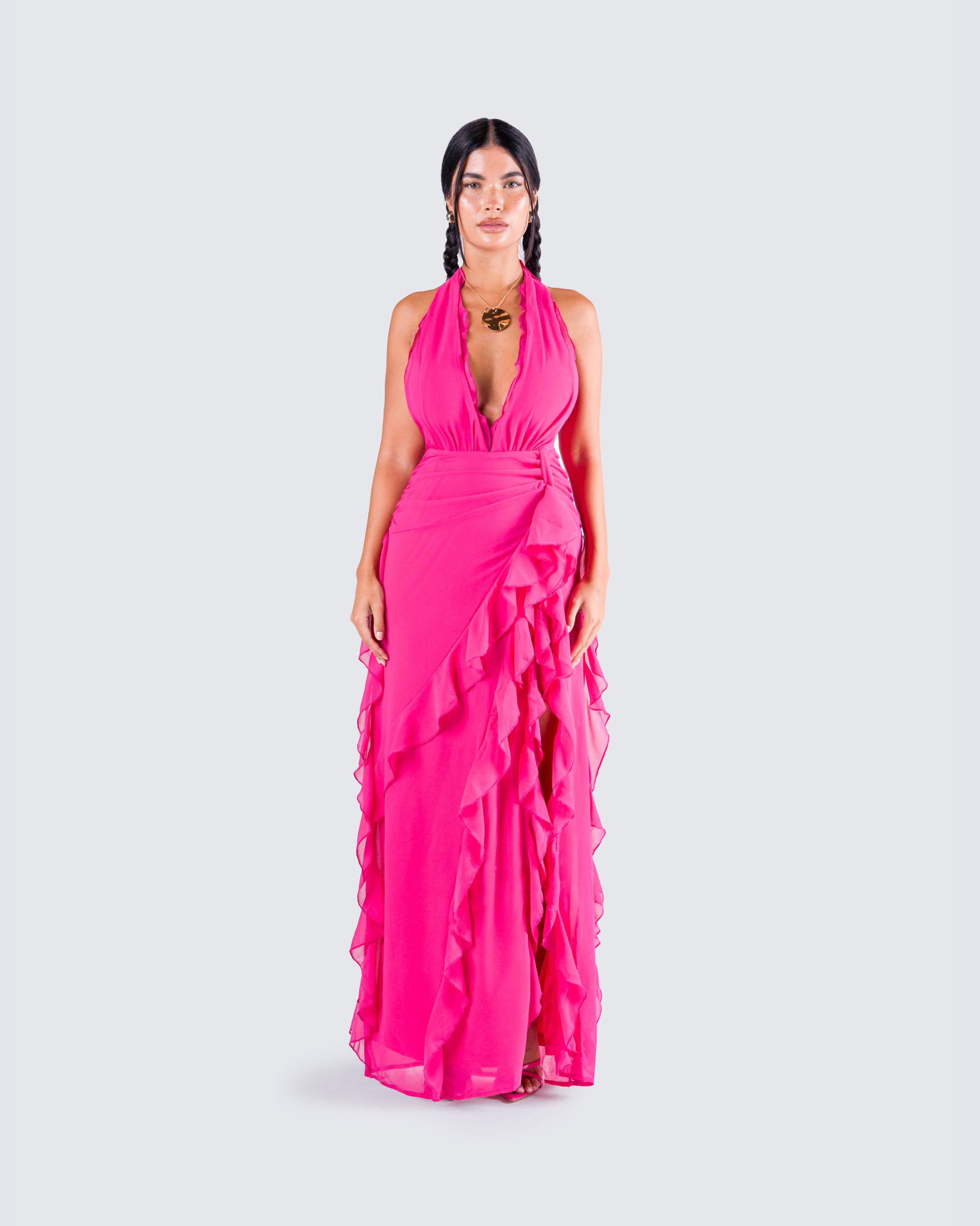 Hot Pink Ruffle Maxi Dress - Halter Cutout Gown FINESSE Hot Pink Ruffle Maxi Dress - Halter Cutout Gown FINESSE