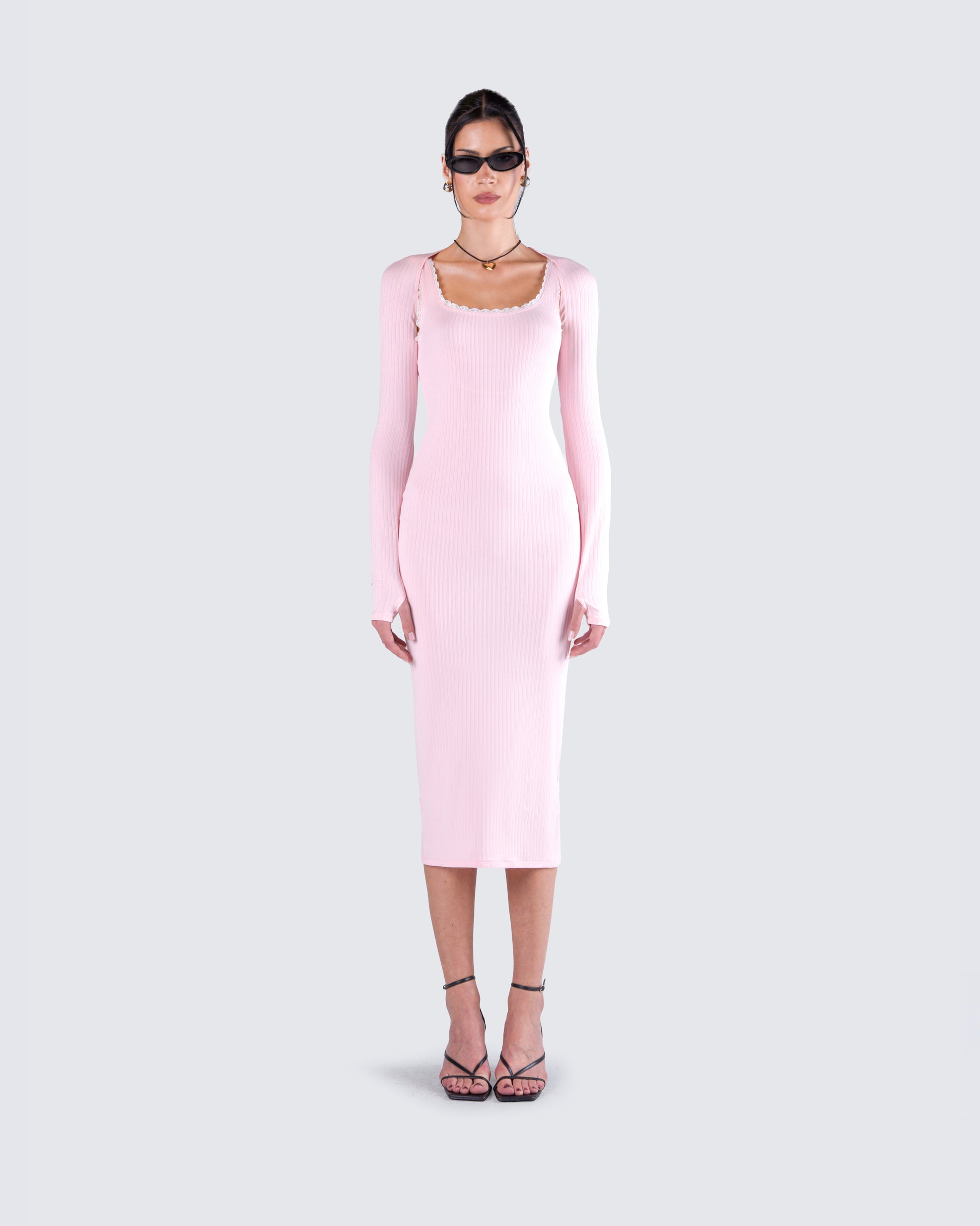 pink ribbed long sleeve dress Pink Ribbed V-neck Long Sleeve Maxi Dress
