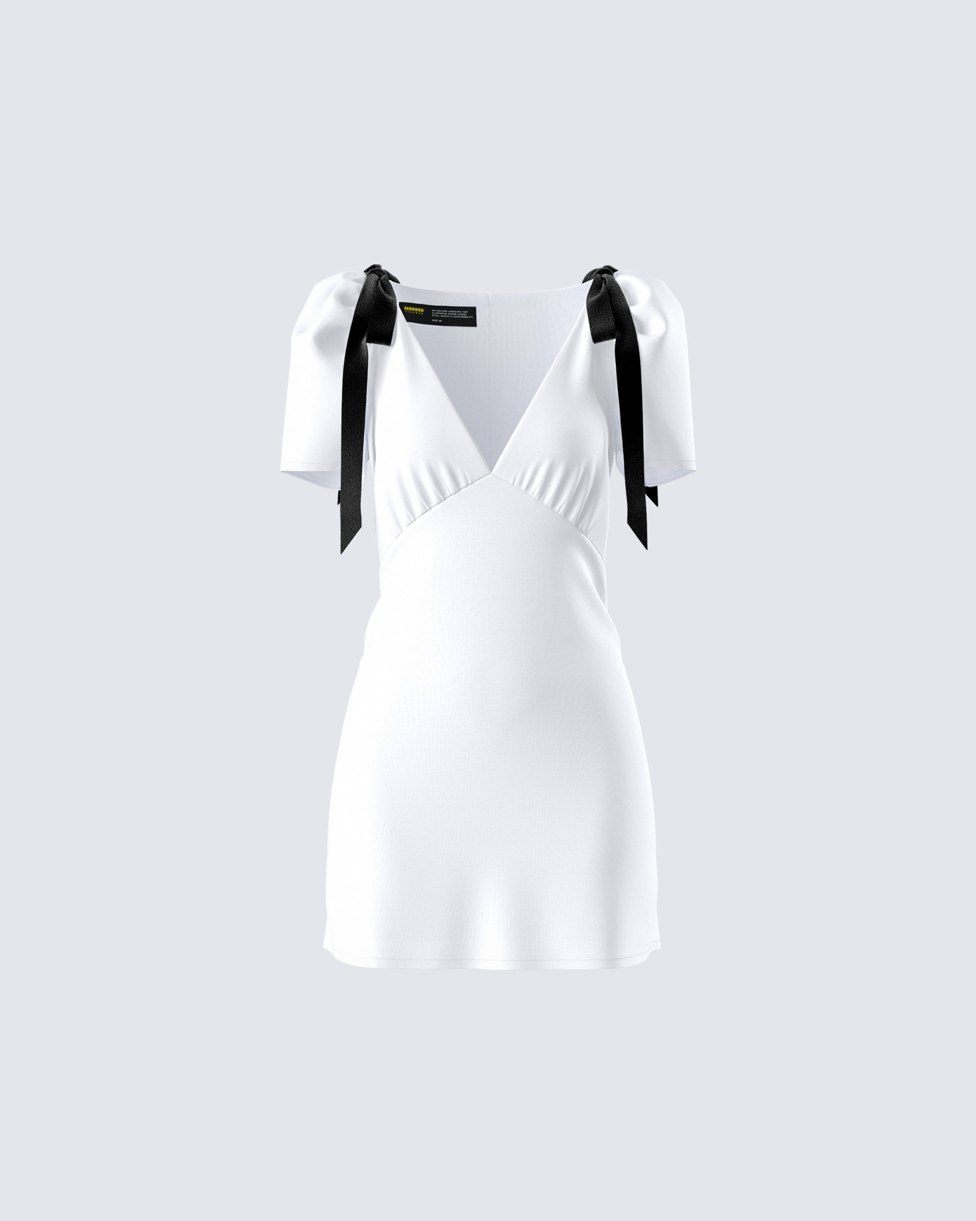 White Puff Sleeve Mini Dress - Tie Shoulder Party FINESSE White Puff Sleeve Mini Dress - Tie Shoulder Party FINESSE
