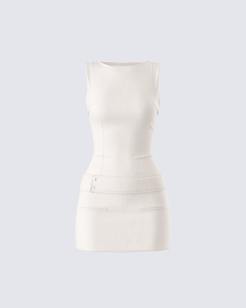 Ivory Mini Dress - Belted Waist Sleeveless  FINESSE