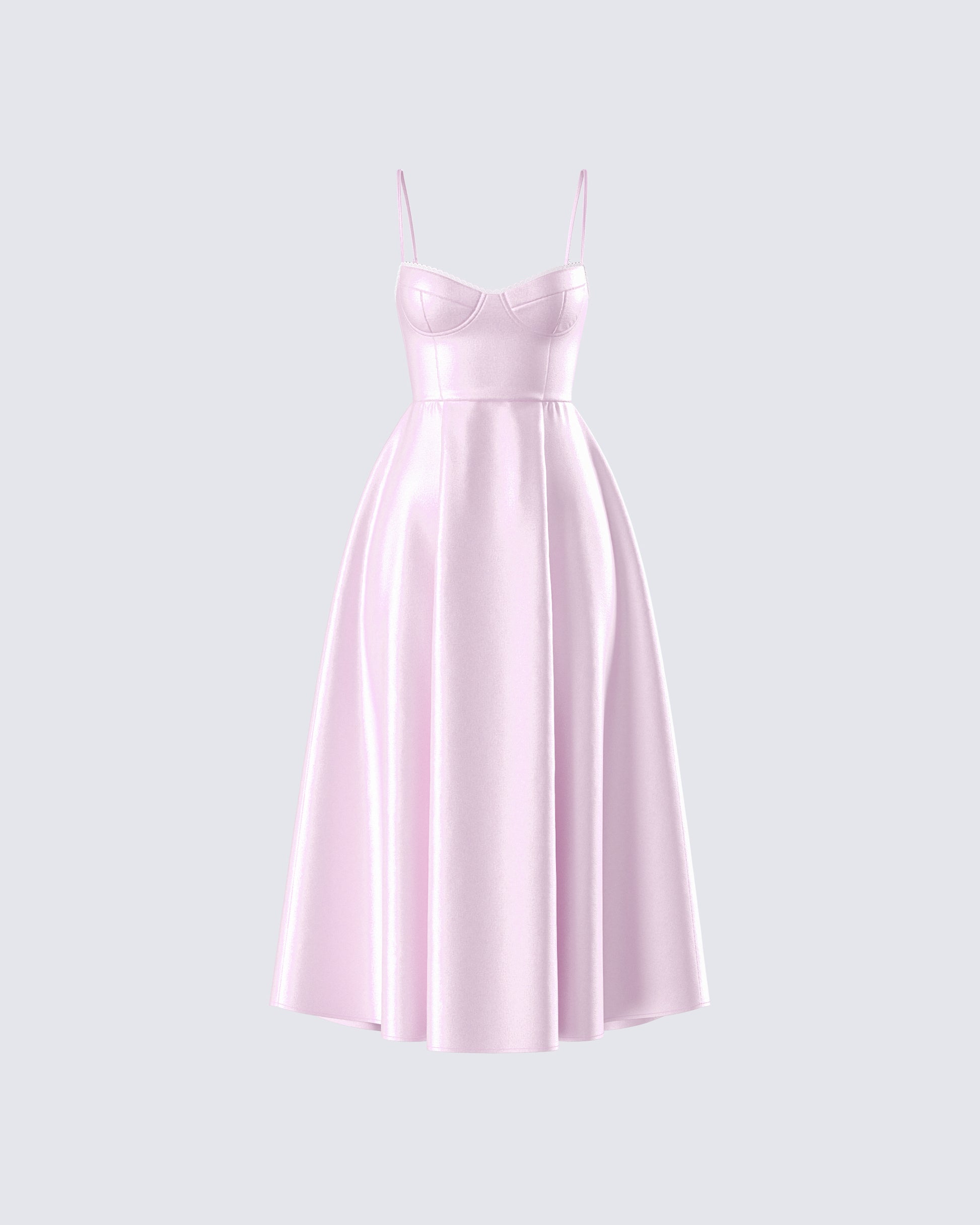 Pink Satin Midi Dress - Sweetheart Bustier A-Line FINESSE Pink Satin Midi Dress - Sweetheart Bustier A-Line FINESSE