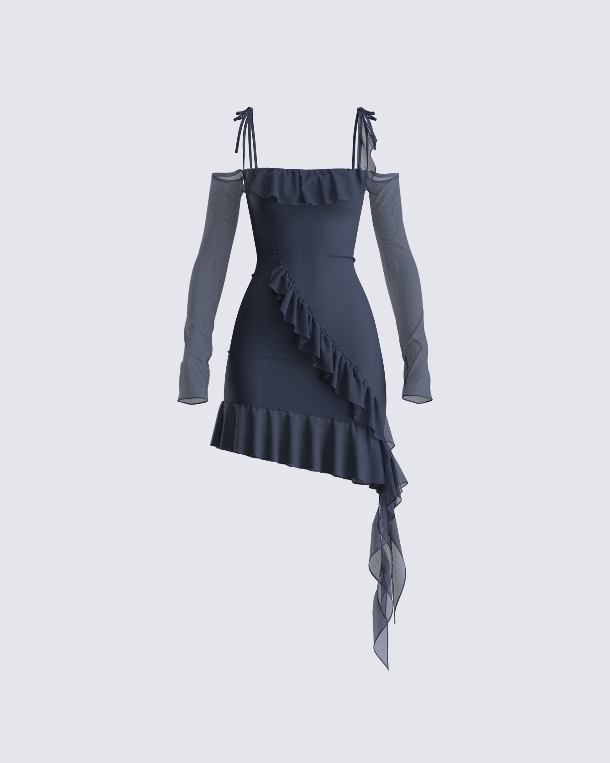 Navy Mesh Mini Dress - Off Shoulder Ruffle Party 2X Navy Mesh Mini Dress - Off Shoulder Ruffle Party 2X