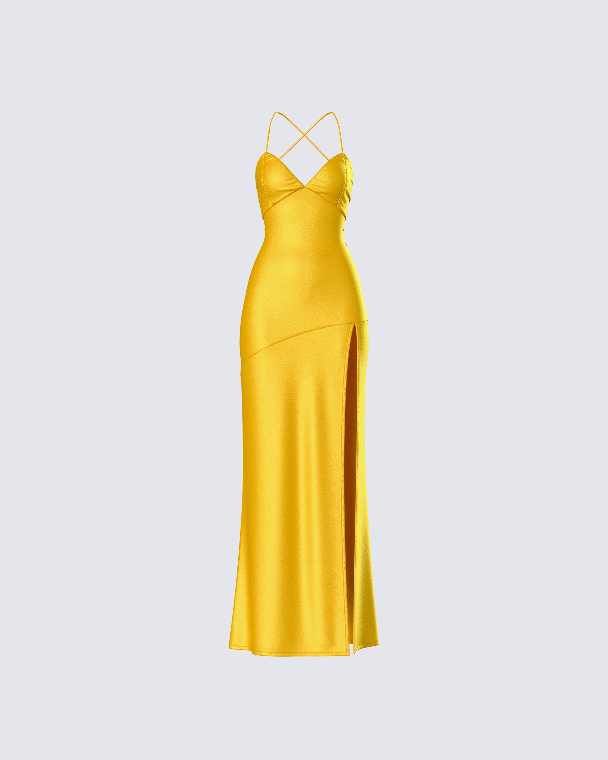 Yellow Satin Maxi Dress - Strappy Back Formal Gown FINESSE Yellow Satin Maxi Dress - Strappy Back Formal Gown FINESSE