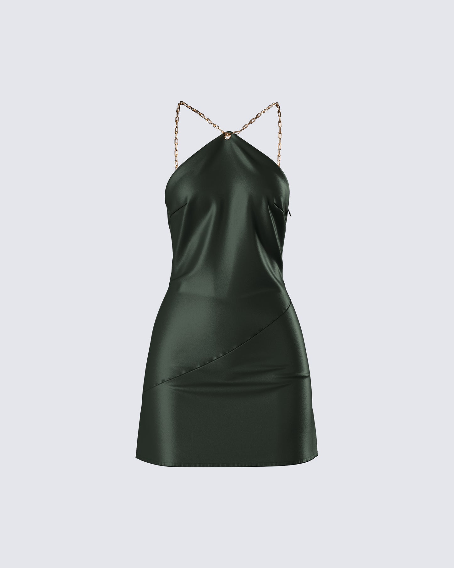 Olive Green Satin Mini Dress - Chain Strap Halter S Olive Green Satin Mini Dress - Chain Strap Halter S