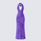 Nari Purple Rhinestone Plunge Maxi Dress