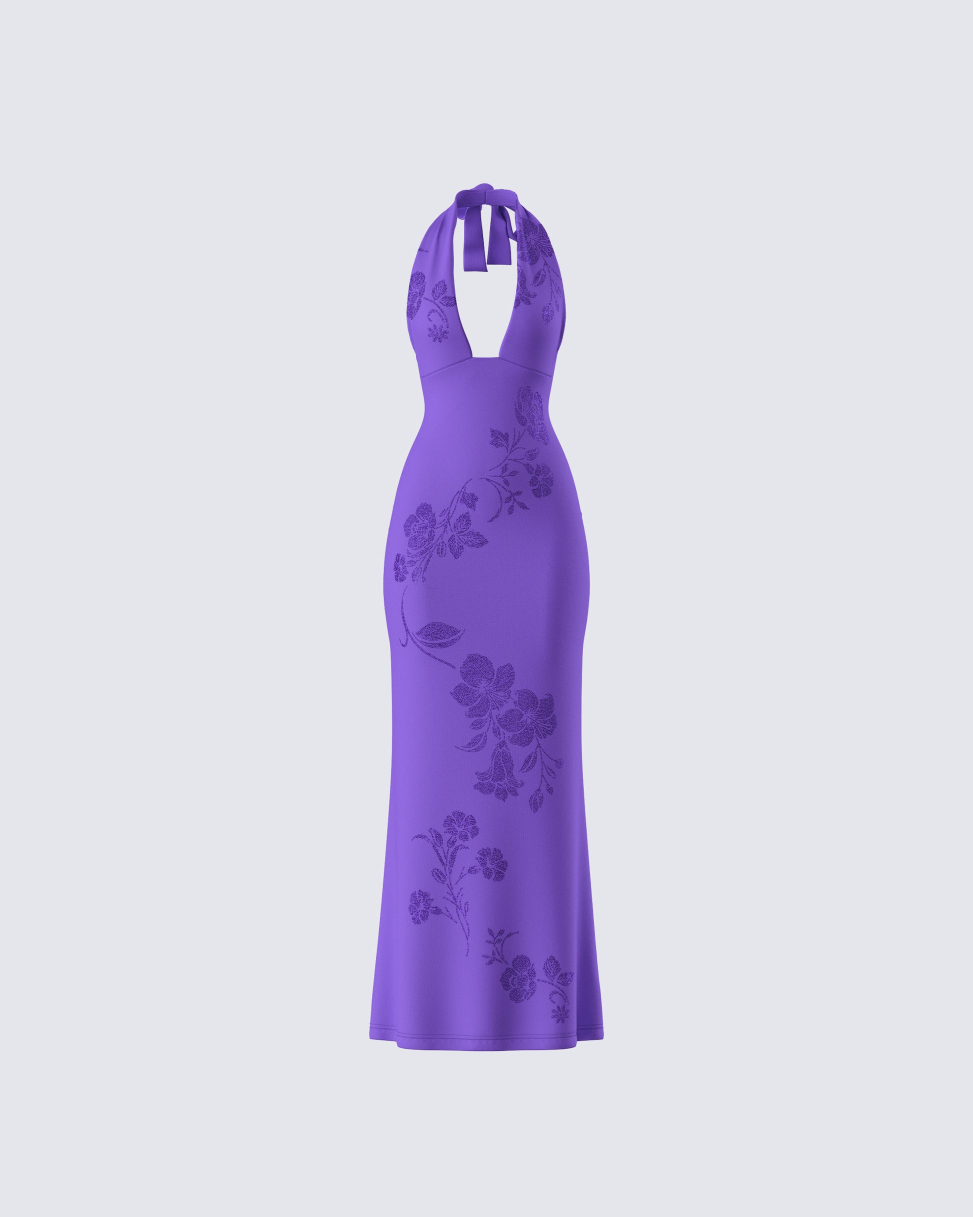 Purple Halter Maxi Dress - Embroidered Floral Plunge FINESSE Purple Halter Maxi Dress - Embroidered Floral Plunge FINESSE