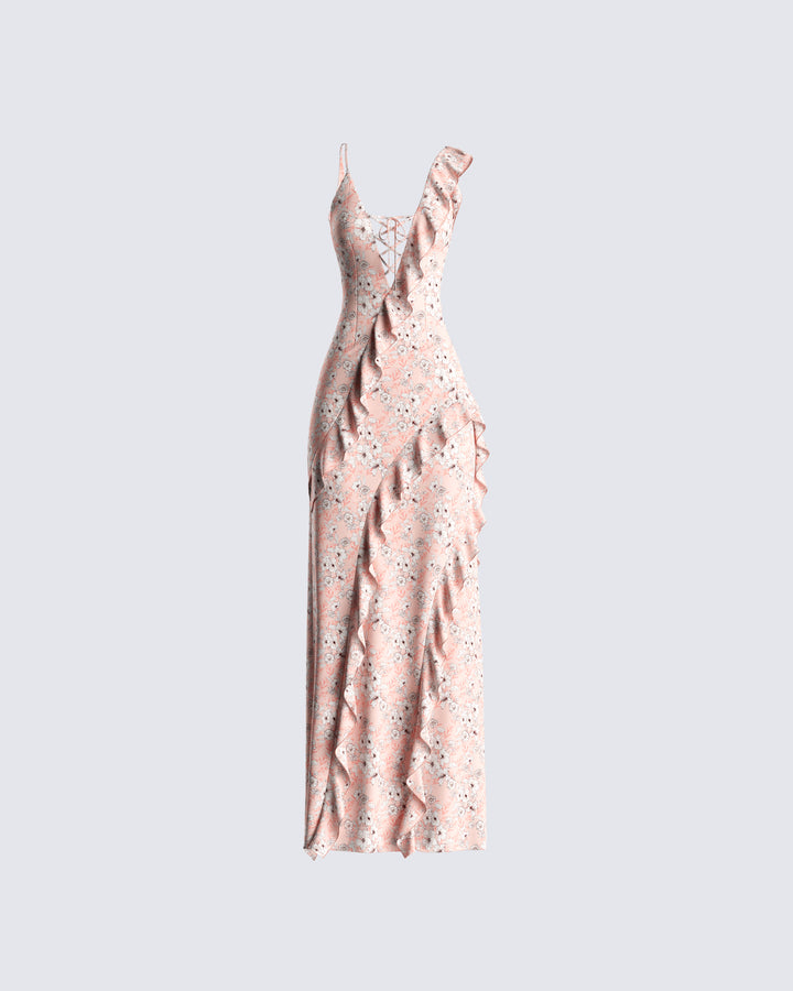 finesse pink flower dress Pink Floral Applique Maxi Dress