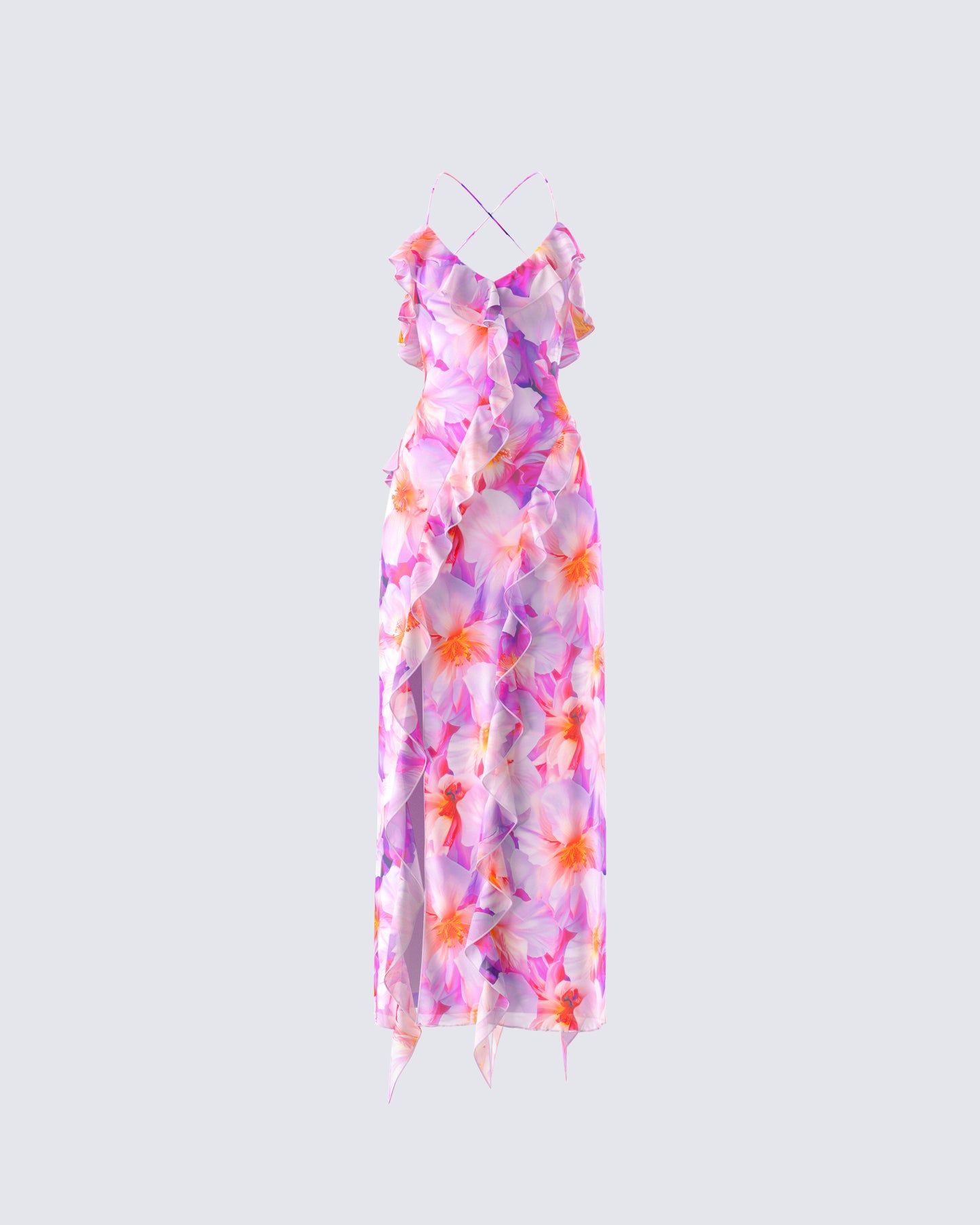 Pink Floral Maxi Dress - Ruffle Strappy Summer M Pink Floral Maxi Dress - Ruffle Strappy Summer M