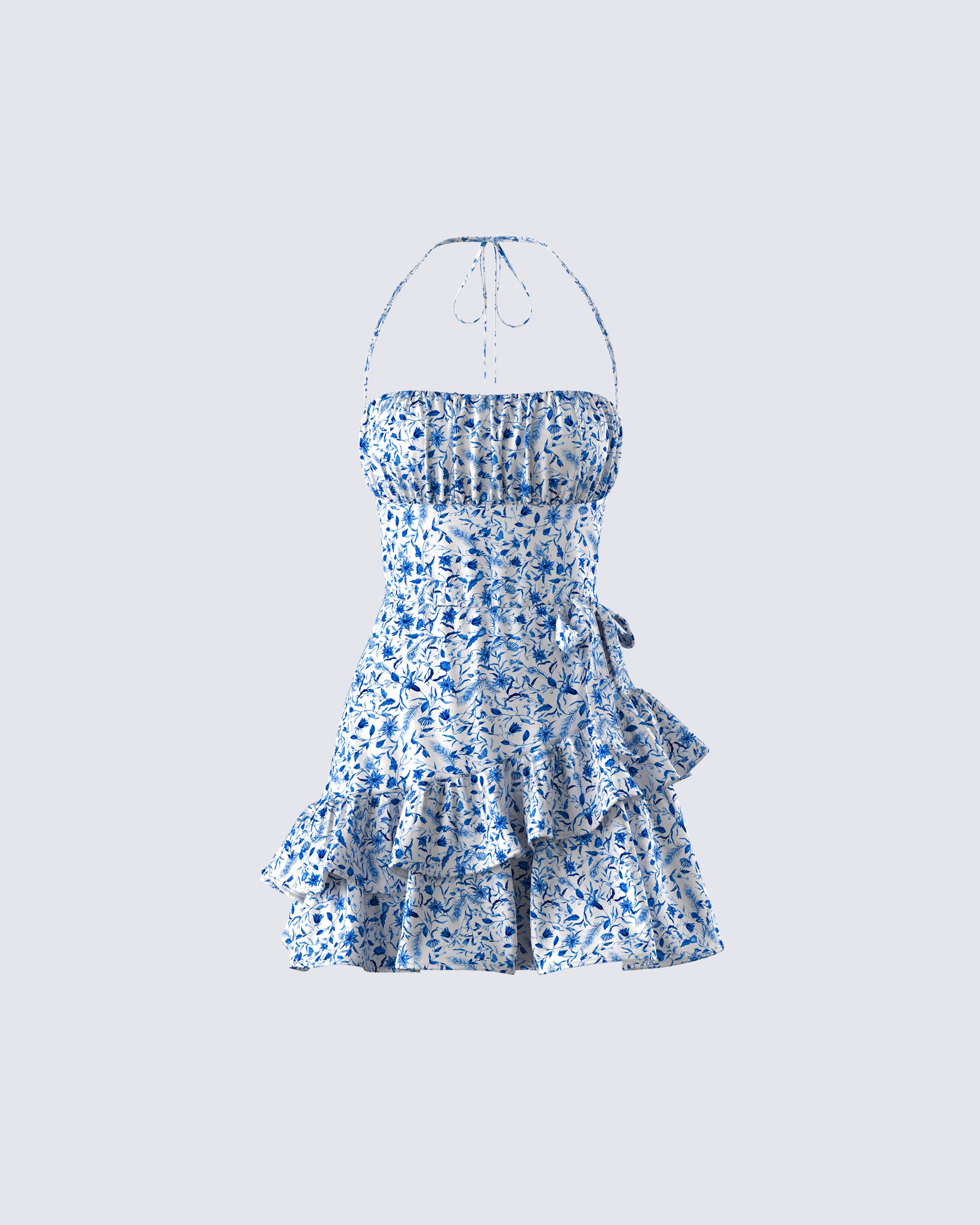 Blue Floral Mini Dress - Halter Ruffle Hem Summer FINESSE Blue Floral Mini Dress - Halter Ruffle Hem Summer FINESSE
