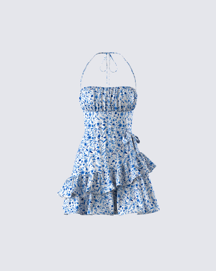 Blue Halter Mini Dress - Ruched Bodycon Party FINESSE Blue Halter Mini Dress - Ruched Bodycon Party FINESSE