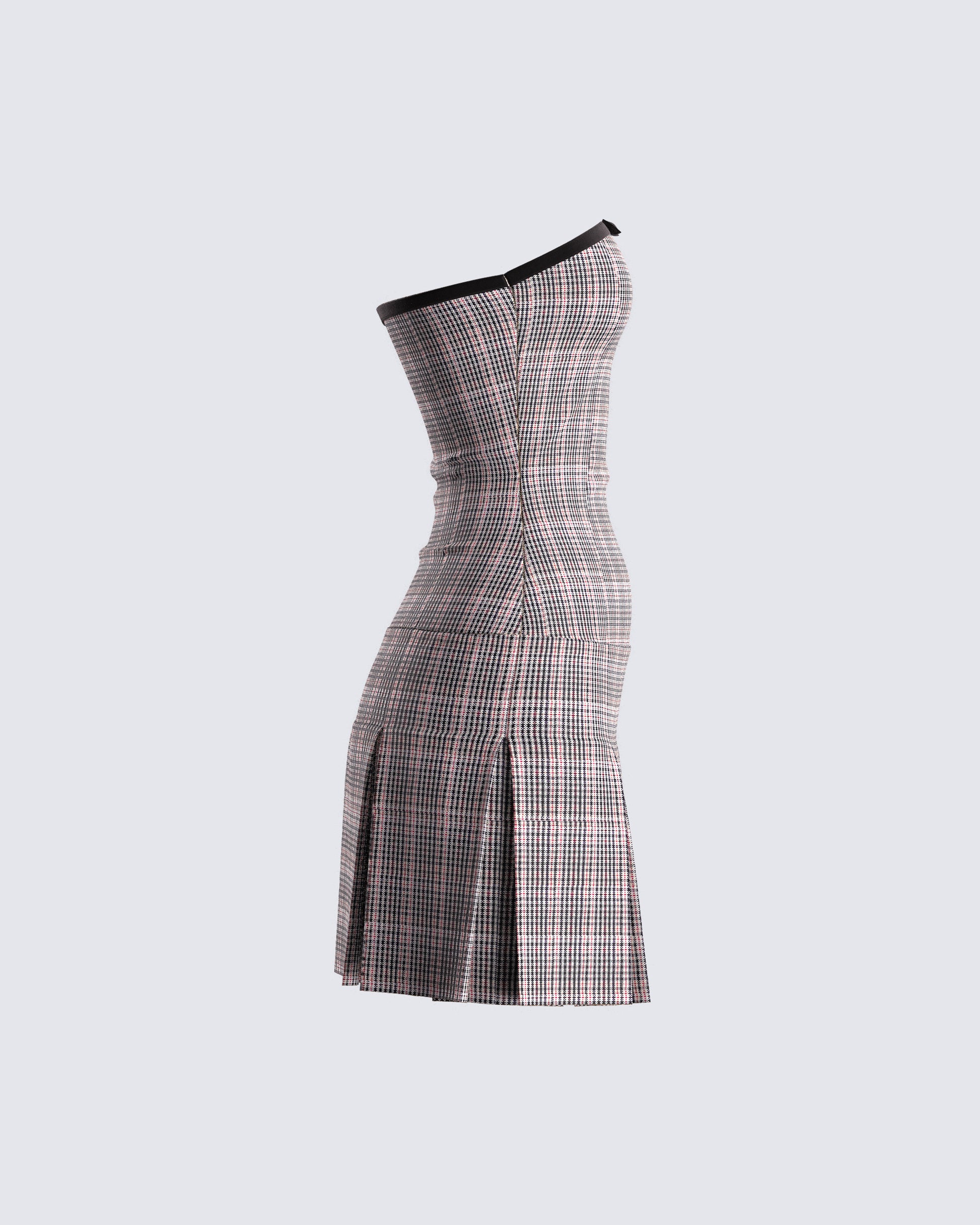 Brown Houndstooth Strapless Mini Dress - Pleated A-Line FINESSE Brown Houndstooth Strapless Mini Dress - Pleated A-Line FINESSE