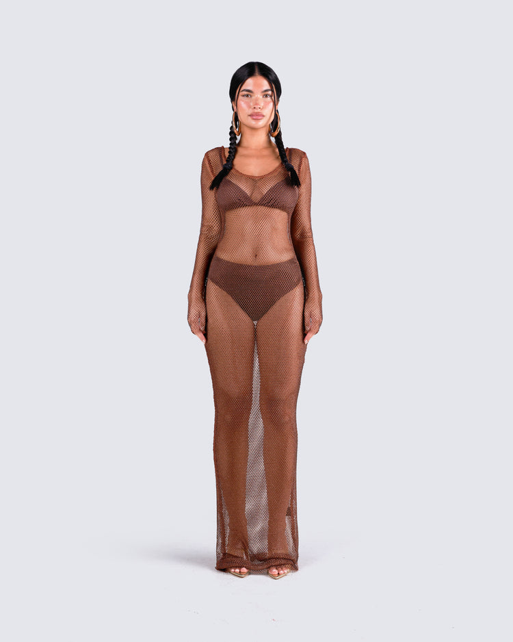 Ewa Brown Rhinestone Maxi Dress