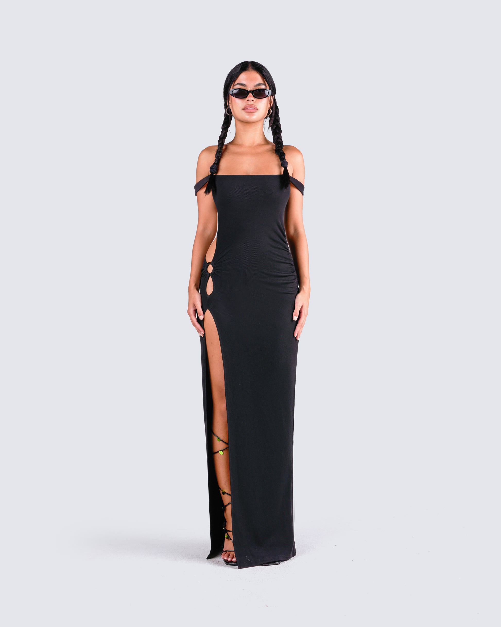 Black Off Shoulder Maxi Dress - Bodycon Ribbed FINESSE Black Off Shoulder Maxi Dress - Bodycon Ribbed FINESSE