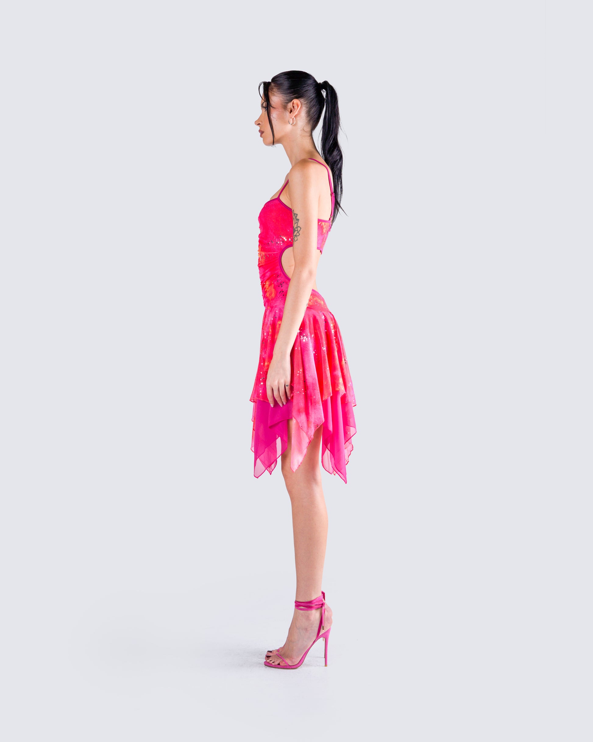 Pink Handkerchief Hem Dress - Tie Dye Mini Dress FINESSE Pink Handkerchief Hem Dress - Tie Dye Mini Dress FINESSE