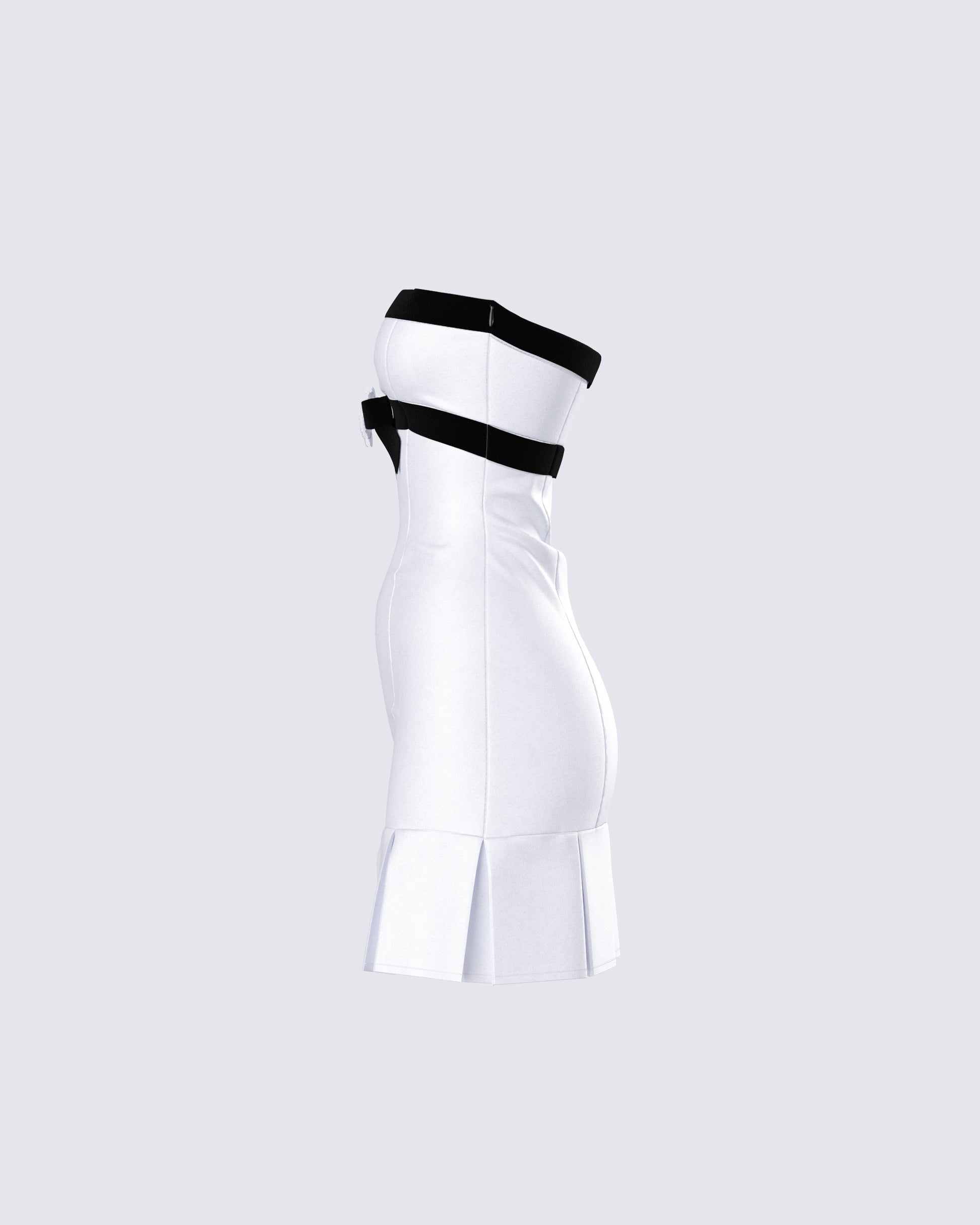 White Strapless Mini Dress - Black Contrast Flared Hem FINESSE White Strapless Mini Dress - Black Contrast Flared Hem FINESSE