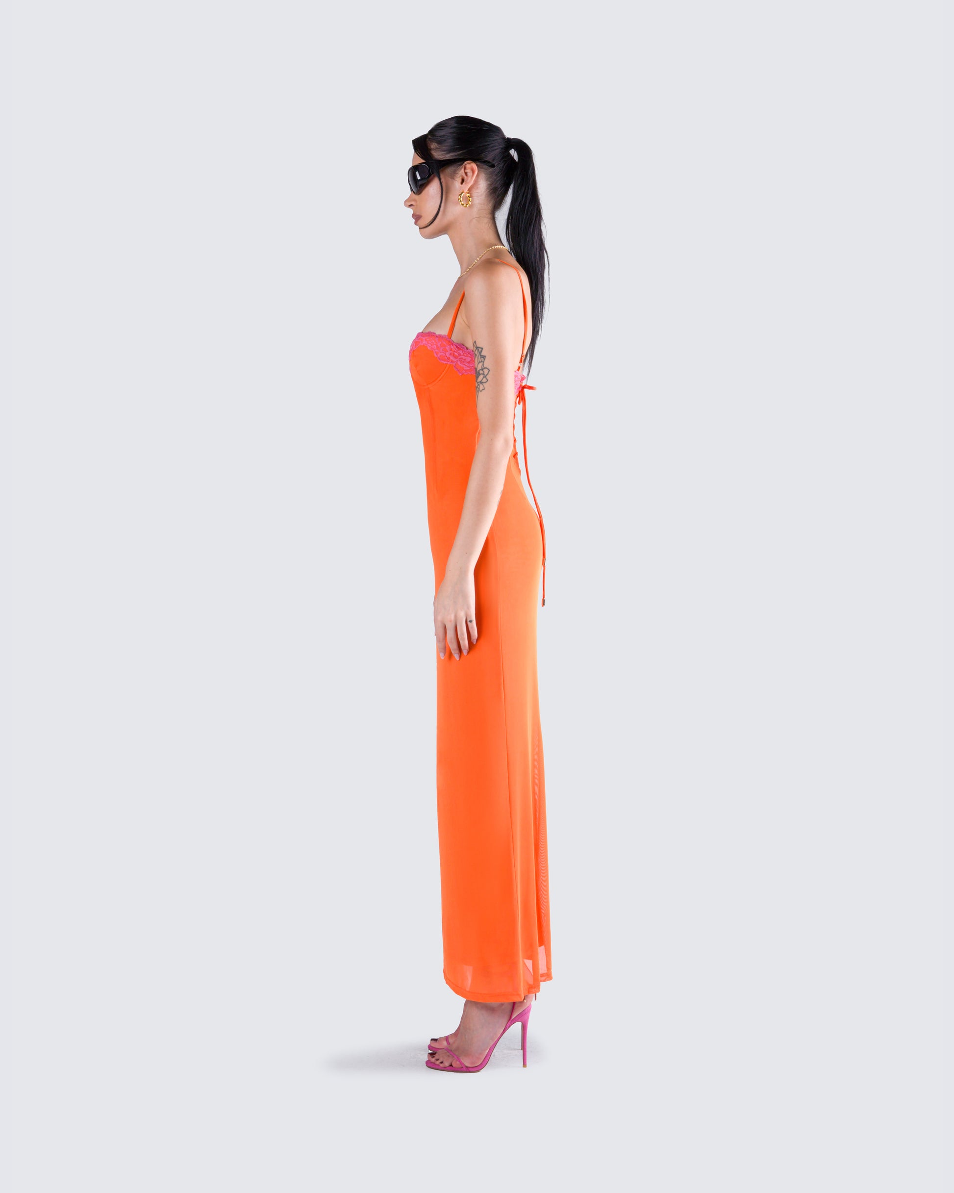 orange mesh maxi dress Orange Layered Mesh Maxi Dress
