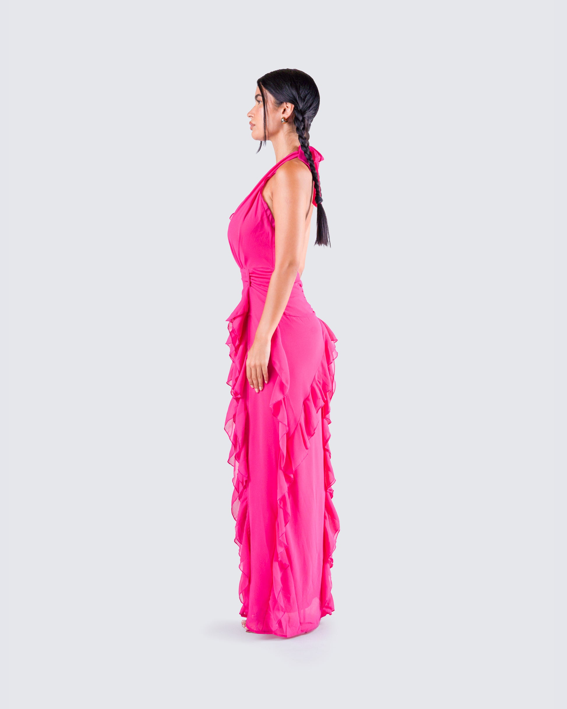 Hot Pink Ruffle Maxi Dress - Halter Cutout Gown FINESSE Hot Pink Ruffle Maxi Dress - Halter Cutout Gown FINESSE