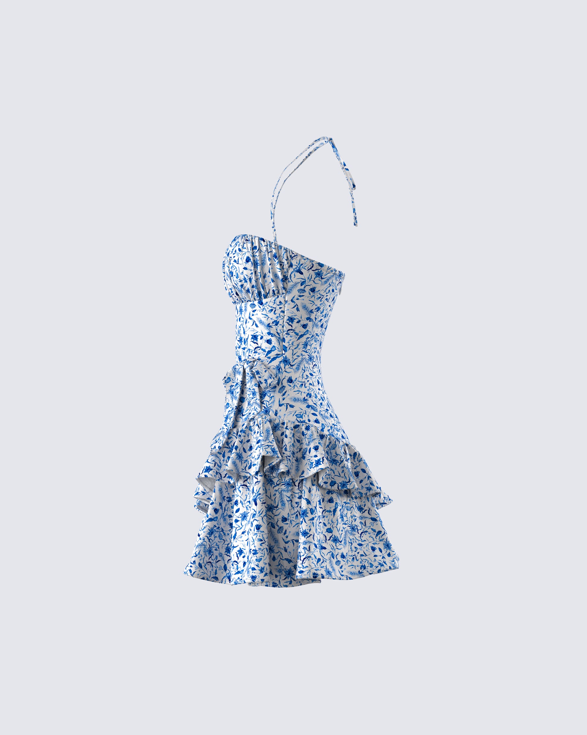 Blue Floral Mini Dress - Halter Ruffle Hem Summer FINESSE Blue Floral Mini Dress - Halter Ruffle Hem Summer FINESSE