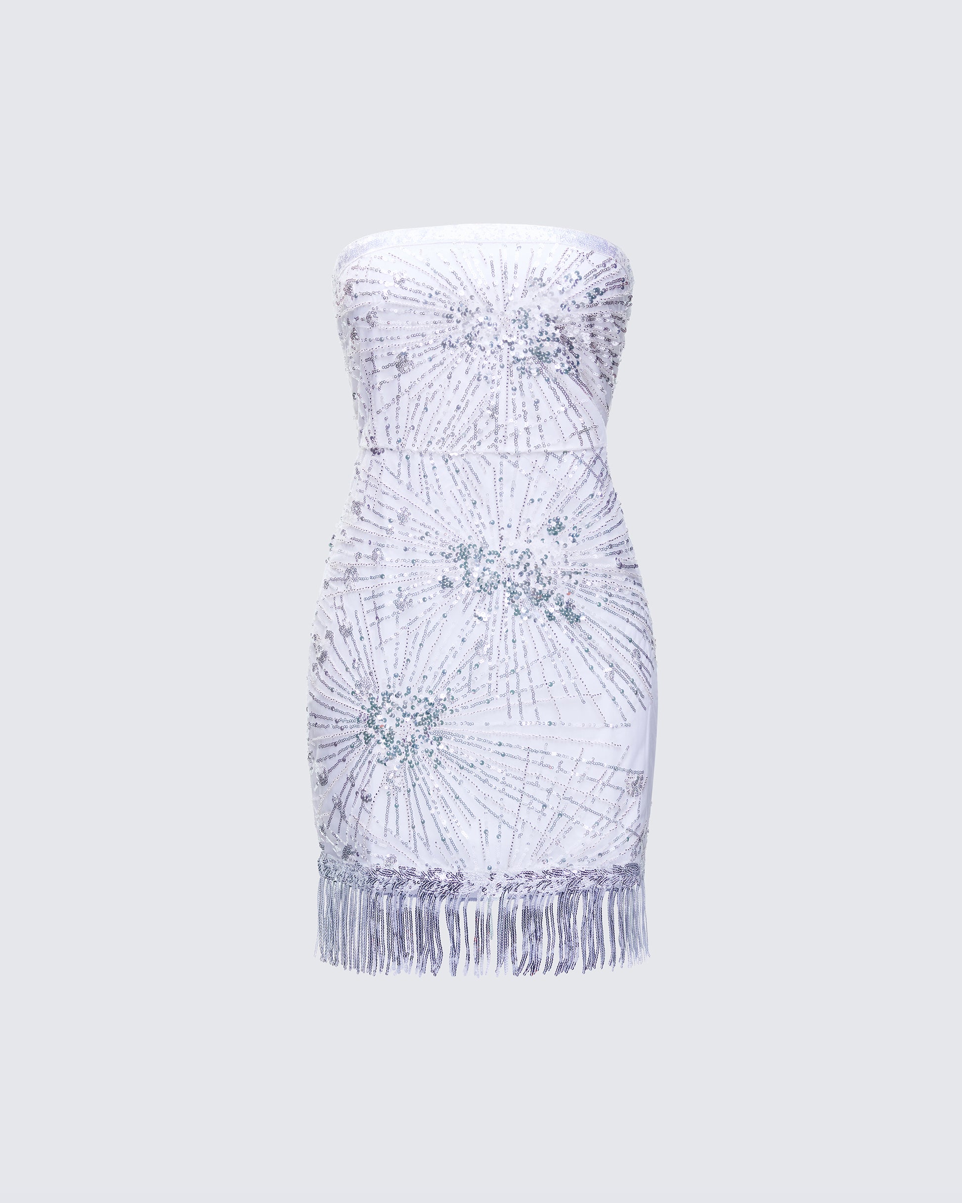 White Sequin Mini Dress - Strapless Fringe Party 2X White Sequin Mini Dress - Strapless Fringe Party 2X