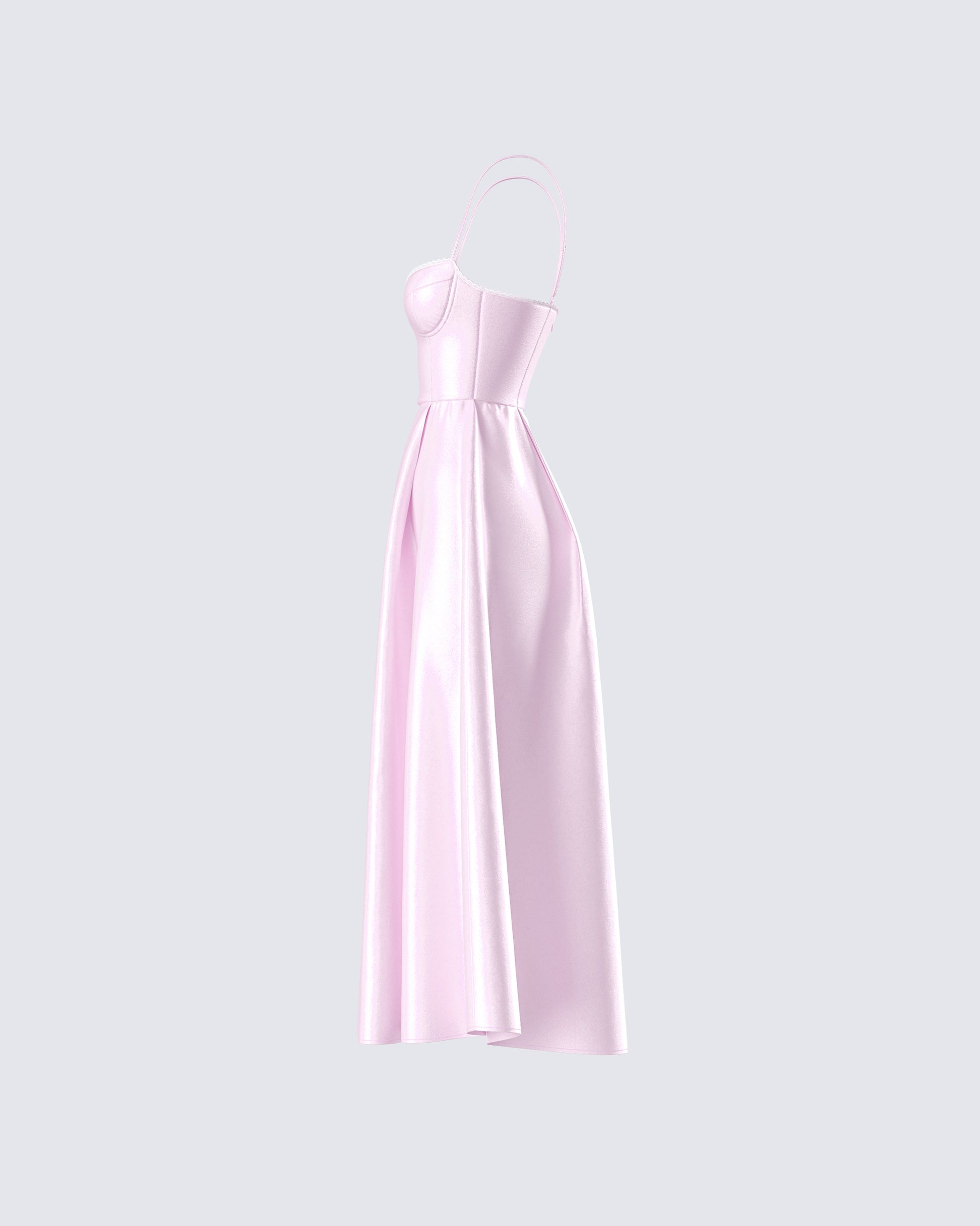 Pink Satin Midi Dress - Sweetheart Bustier A-Line FINESSE Pink Satin Midi Dress - Sweetheart Bustier A-Line FINESSE