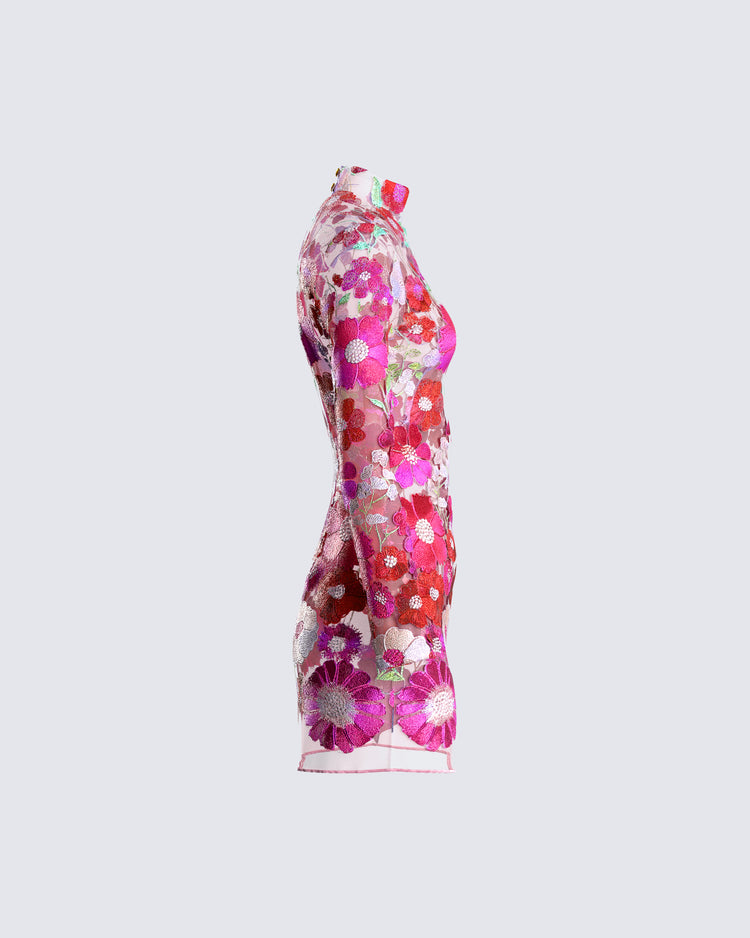 Flora Pink Flower Mini Dress
