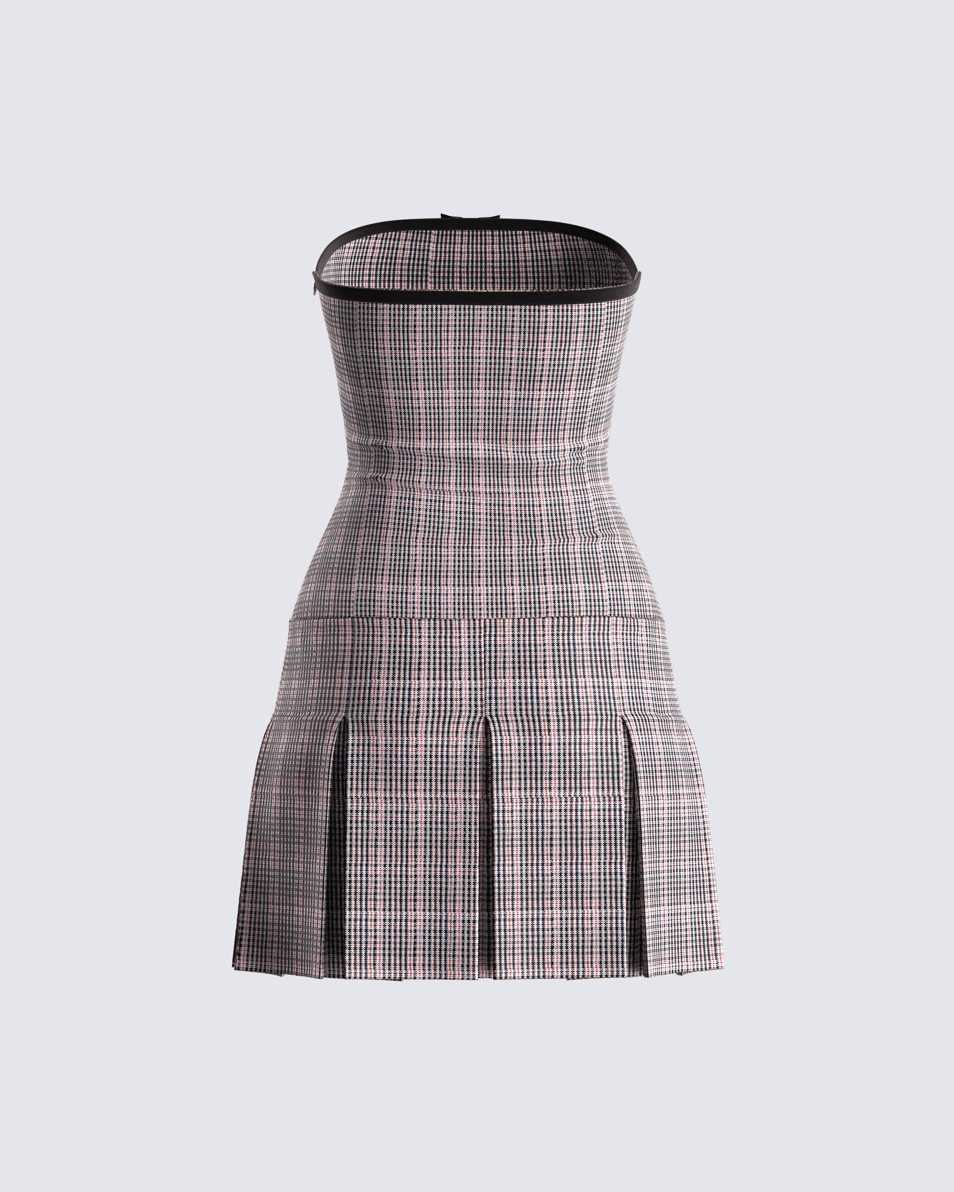 Brown Houndstooth Strapless Mini Dress - Pleated A-Line FINESSE Brown Houndstooth Strapless Mini Dress - Pleated A-Line FINESSE