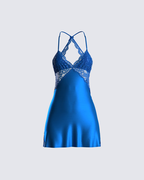 Blue Lace Satin Mini Dress - Strappy Back Lingerie Style FINESSE Blue Lace Satin Mini Dress - Strappy Back Lingerie Style FINESSE