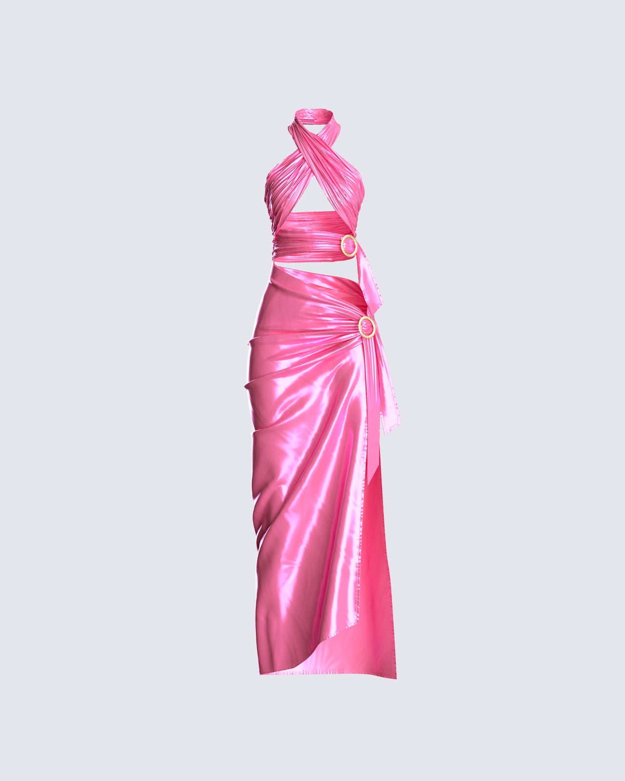 Beasley Pink Peony Print Satin Maxi Dress with Lace Trim & Slit