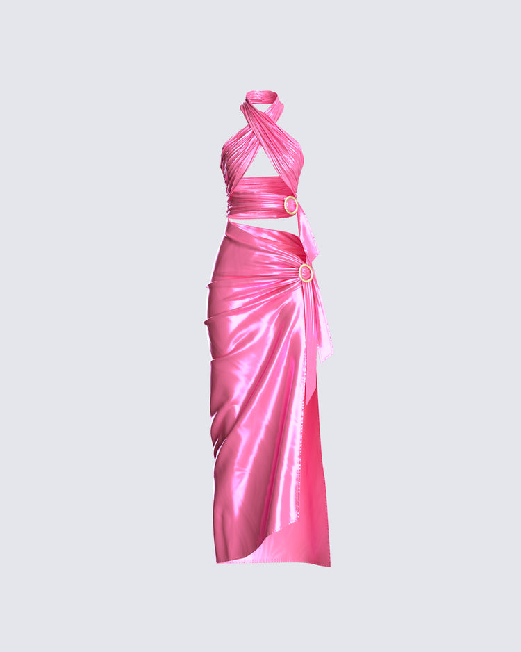 Alaina Pink Satin Maxi Dress
