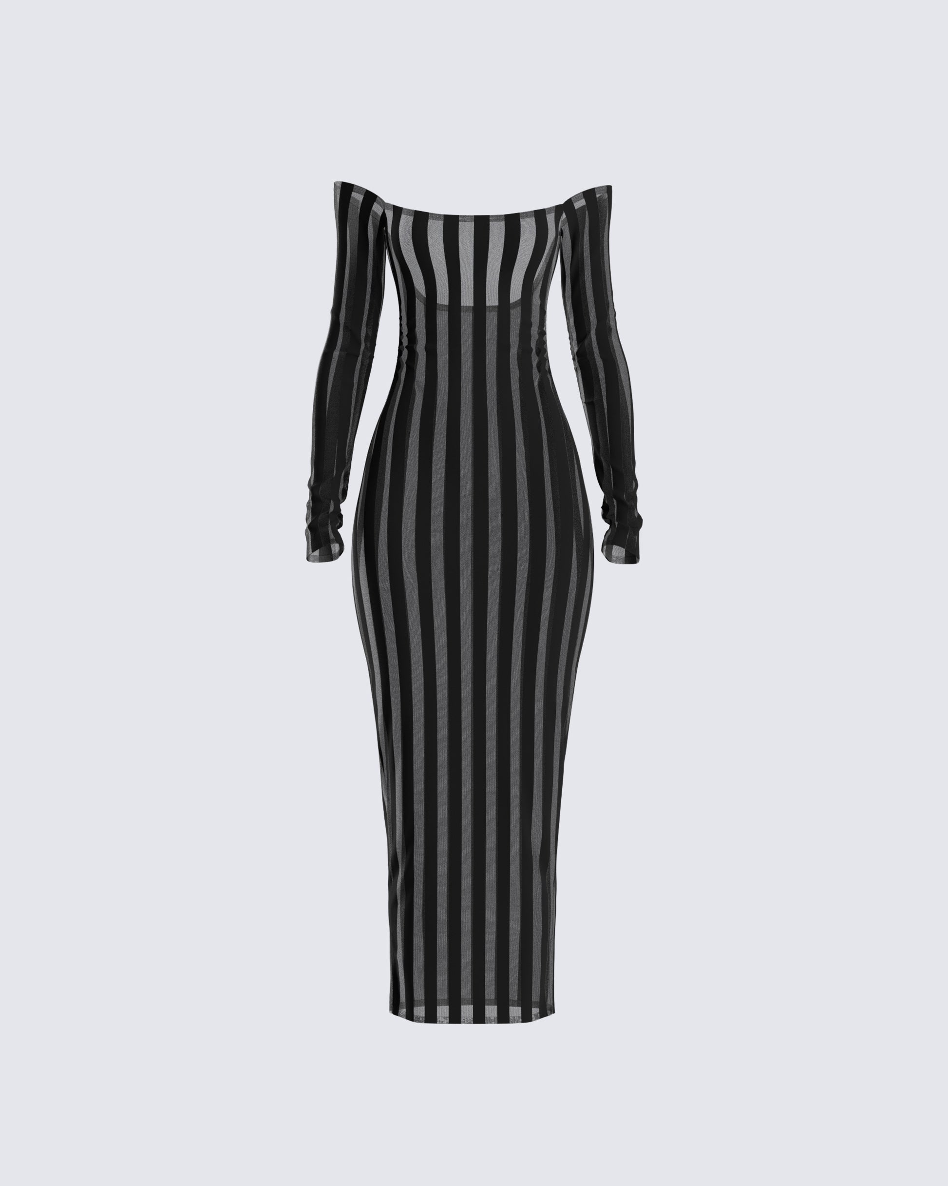 Black Stripe Off Shoulder Midi Dress - Bodycon Long Sleeve FINESSE Black Stripe Off Shoulder Midi Dress - Bodycon Long Sleeve FINESSE