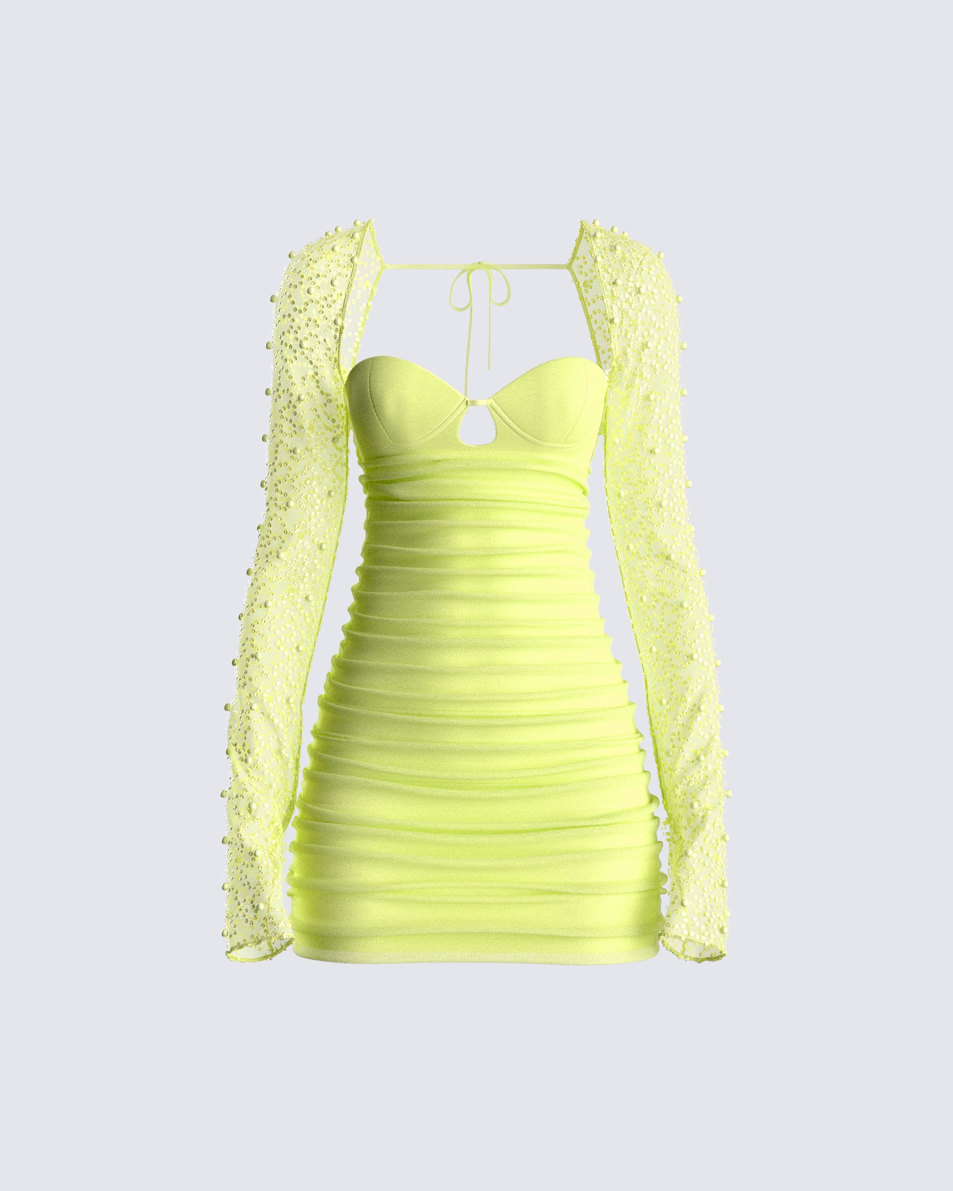 Lime Green Mesh Bodycon Mini Dress - Long Sleeve Party FINESSE Lime Green Mesh Bodycon Mini Dress - Long Sleeve Party FINESSE