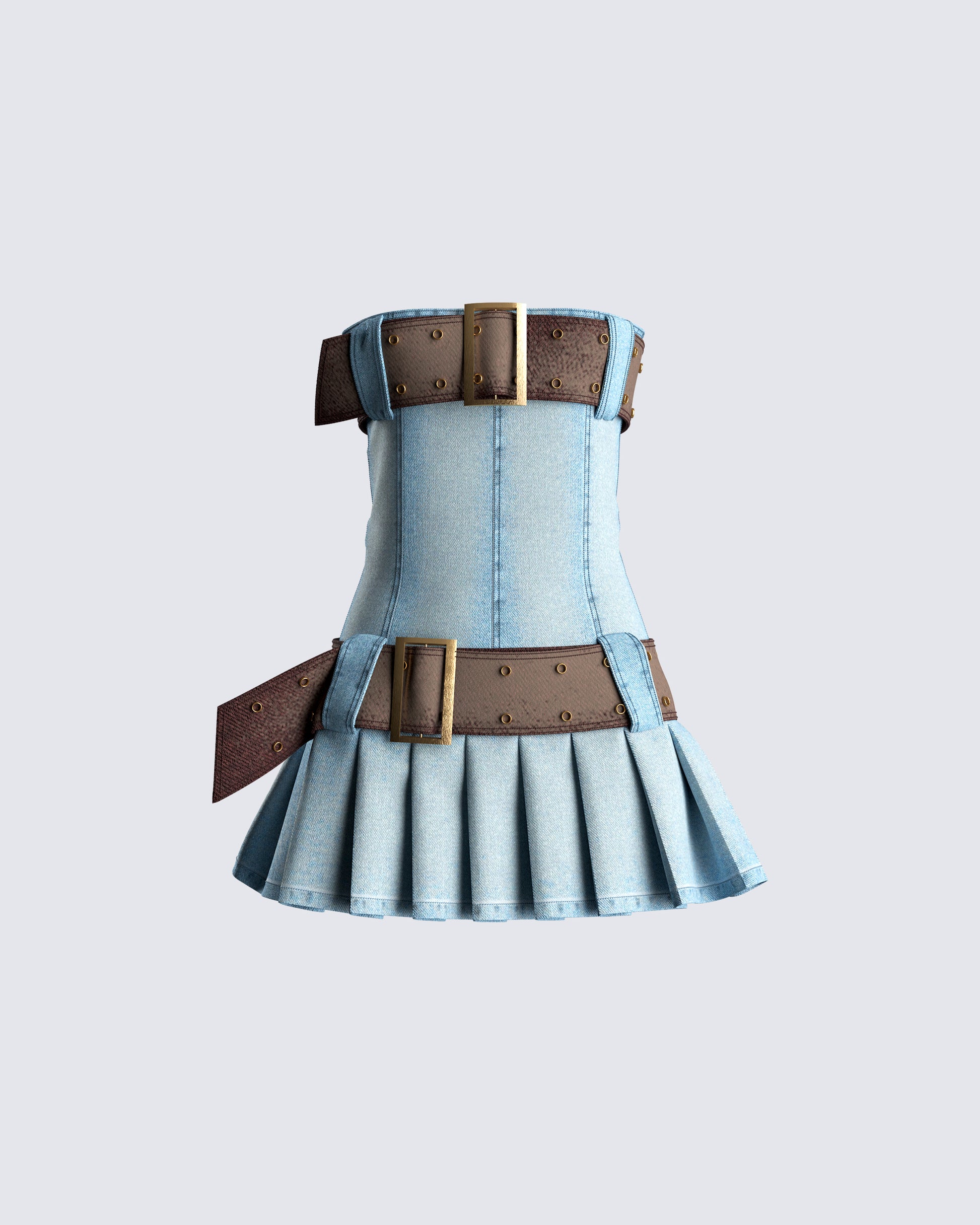 Blue Denim Mini Dress with Pleated Skirt FINESSE Blue Denim Mini Dress with Pleated Skirt FINESSE