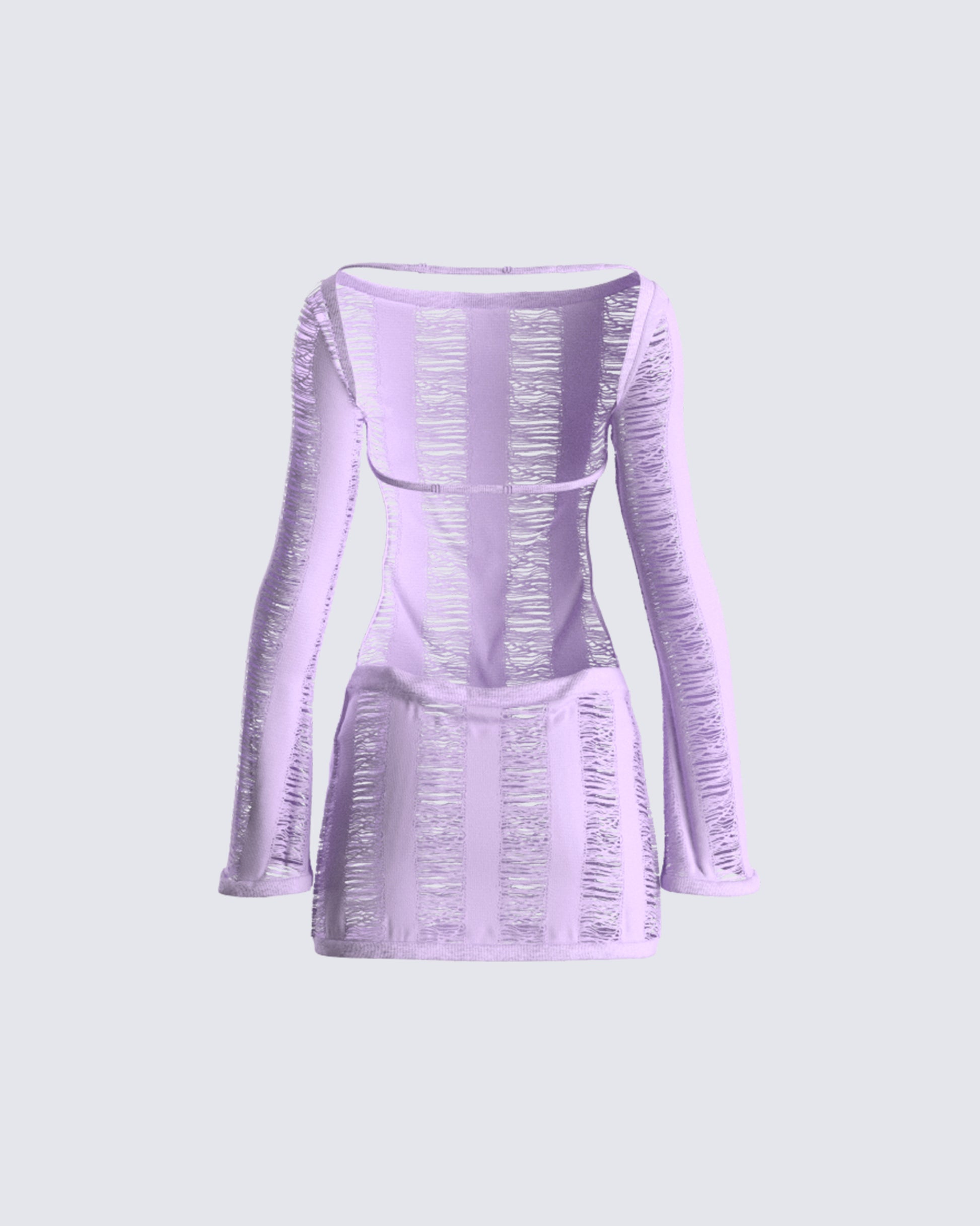 Lavender Mini Dress - Shredded Off Shoulder Long Sleeve FINESSE Lavender Mini Dress - Shredded Off Shoulder Long Sleeve FINESSE