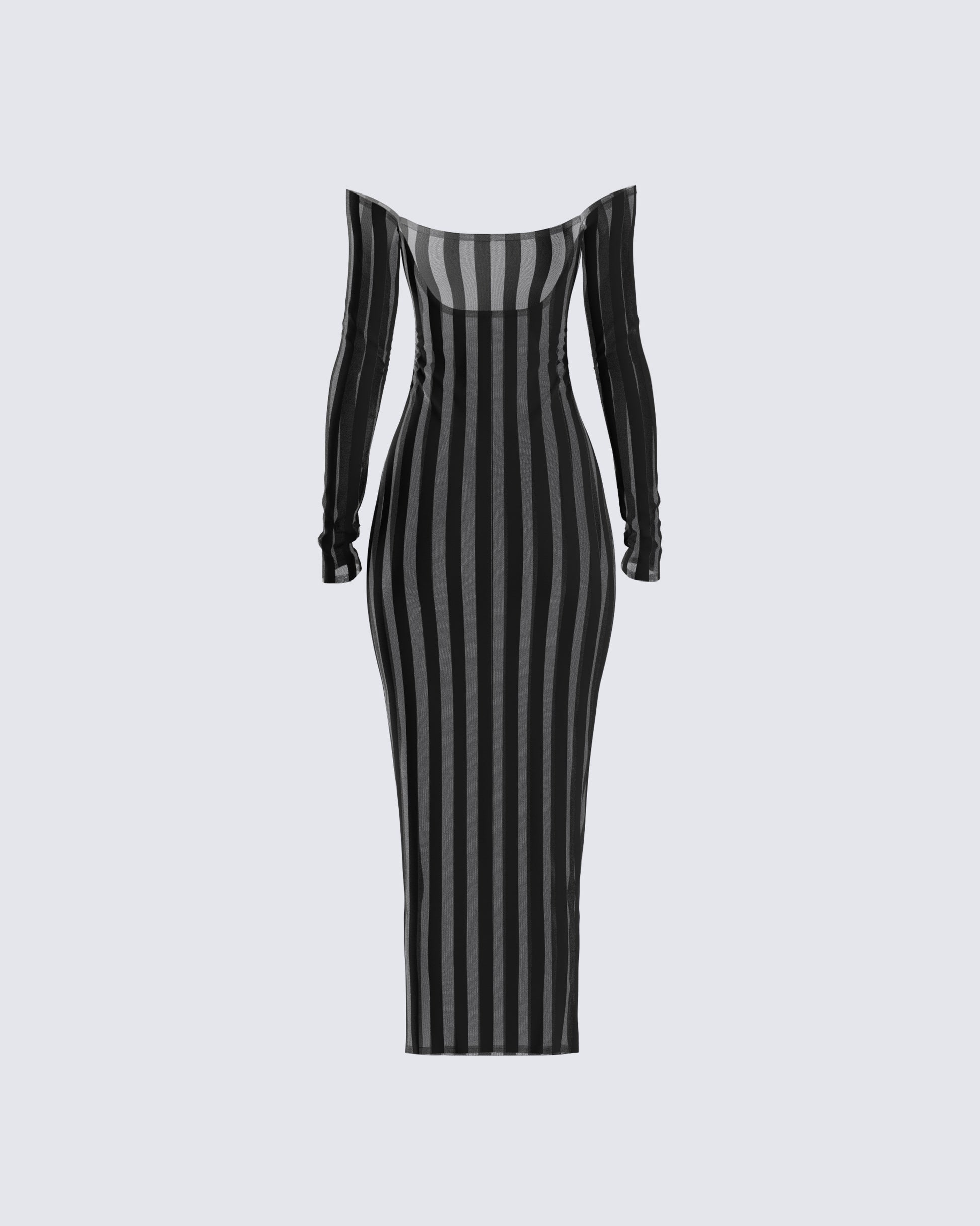 Black Stripe Off Shoulder Midi Dress - Bodycon Long Sleeve FINESSE Black Stripe Off Shoulder Midi Dress - Bodycon Long Sleeve FINESSE