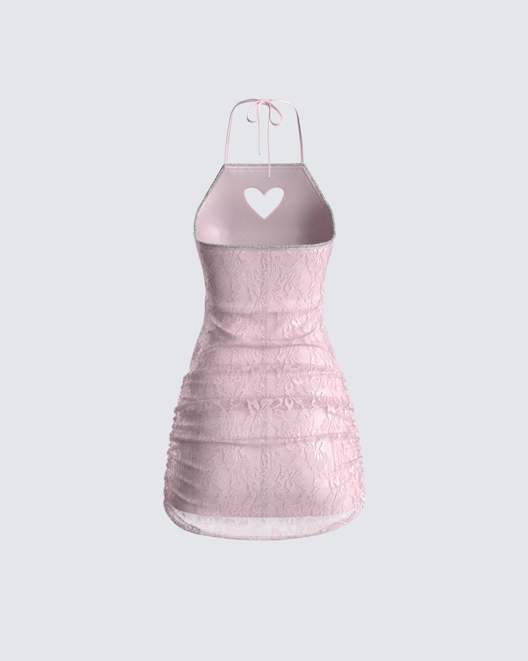 Micaela Pink Lace Heart Mini Dress