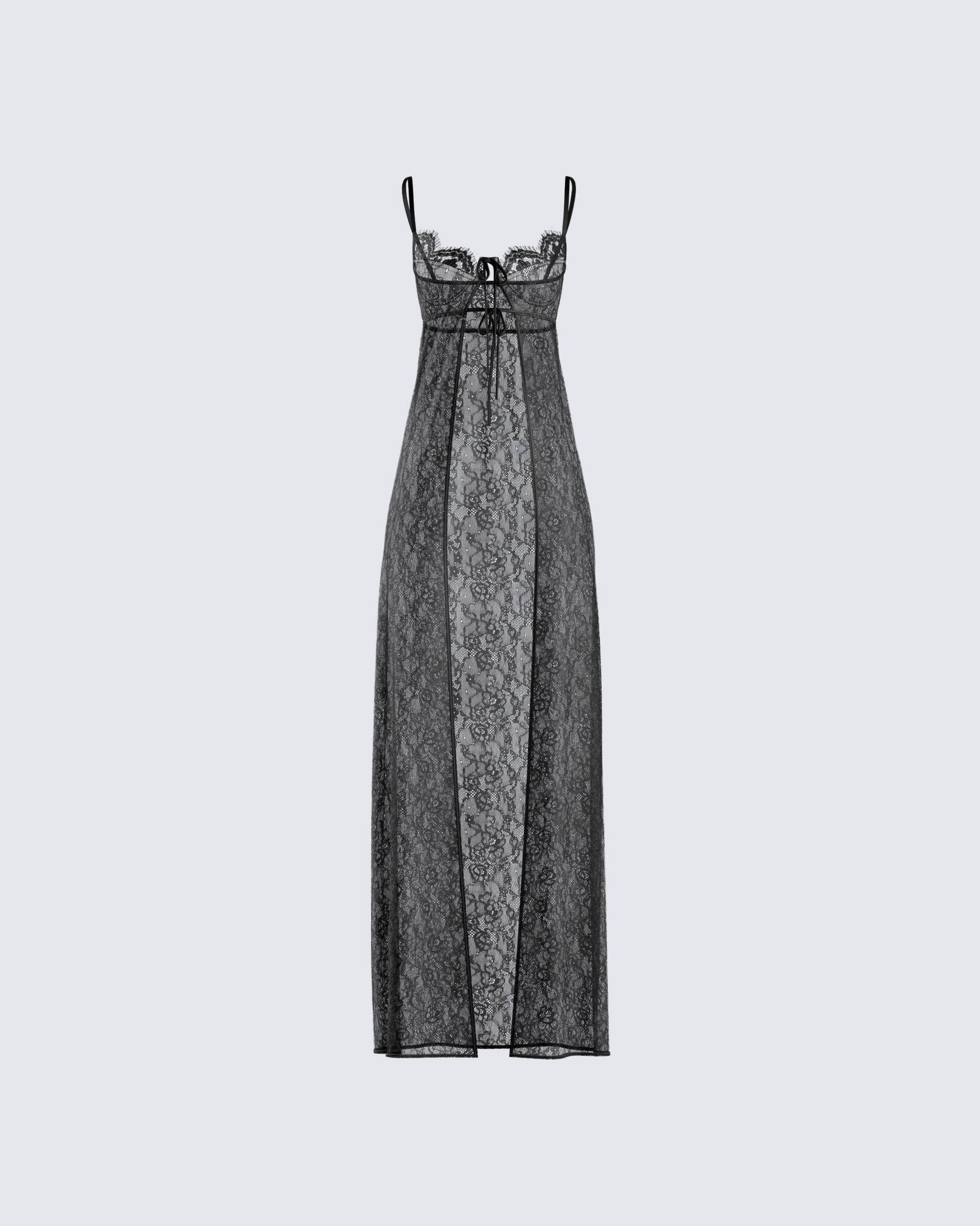 Black Lace Maxi Dress - Sheer Bustier Corset Top FINESSE Black Lace Maxi Dress - Sheer Bustier Corset Top FINESSE