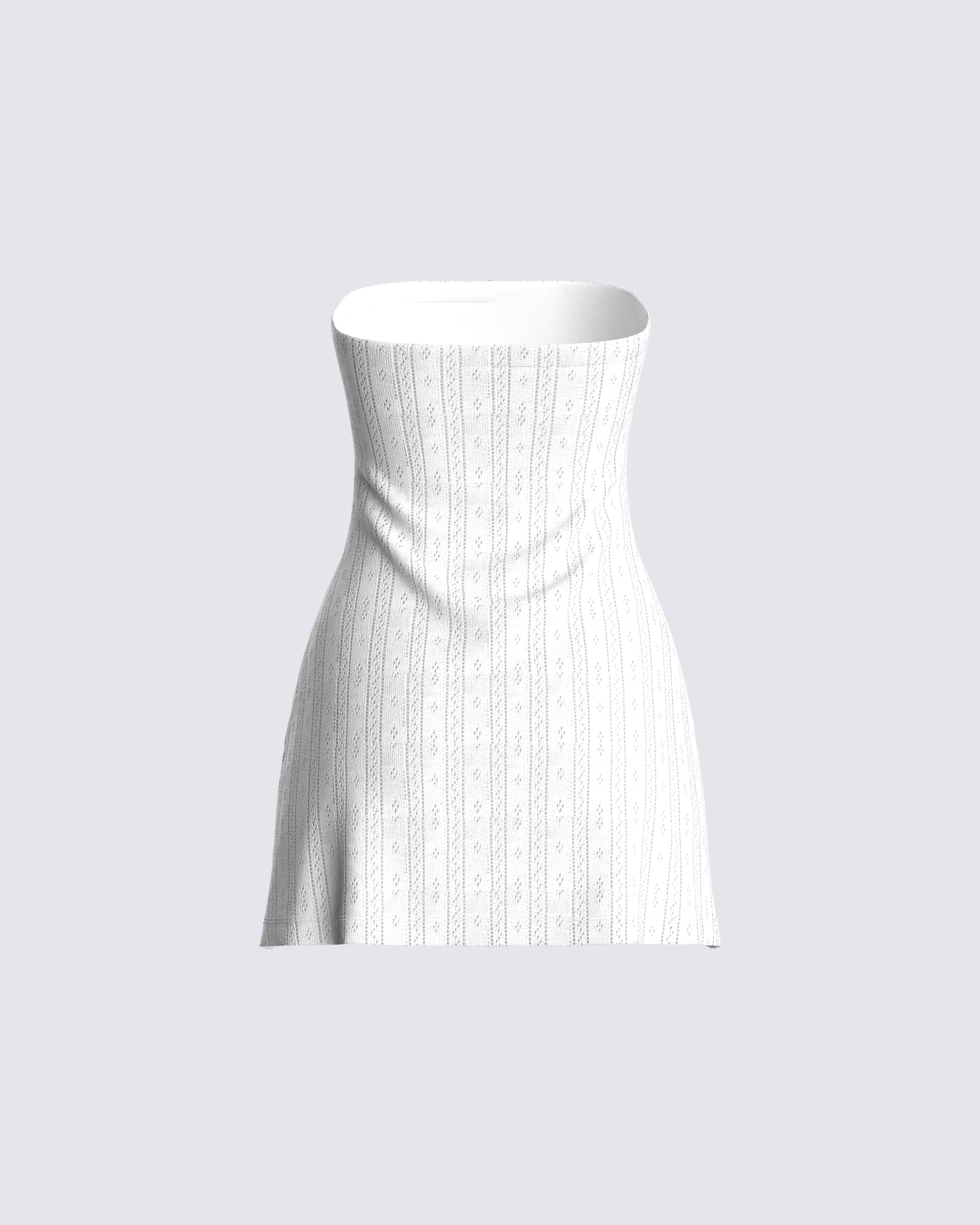 White Pointelle Knit Mini Dress - Strapless Bodycon FINESSE White Pointelle Knit Mini Dress - Strapless Bodycon FINESSE
