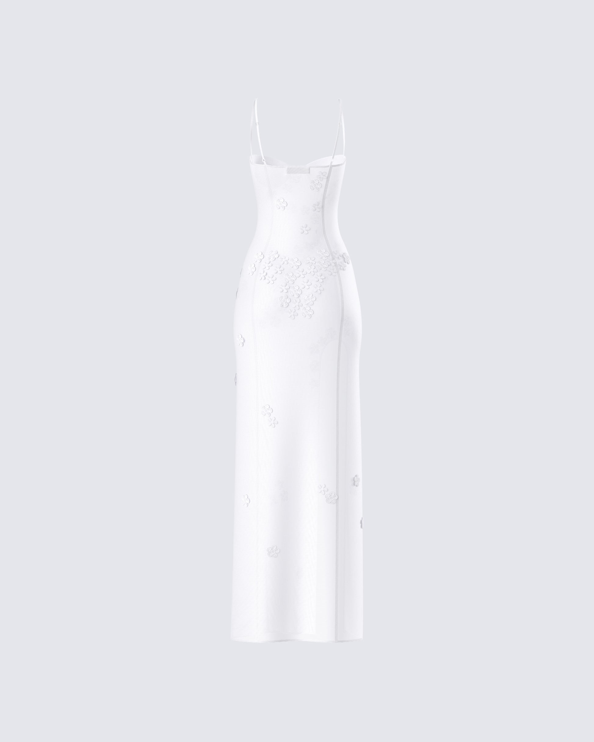 White Floral Mesh Maxi Dress - Sheer Overlay Formal FINESSE White Floral Mesh Maxi Dress - Sheer Overlay Formal FINESSE