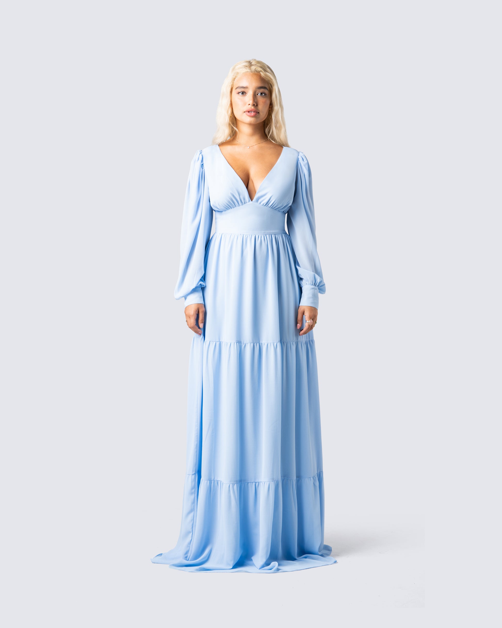 Blue Tiered Maxi Dress - Long Sleeve Empire Waist FINESSE Blue Tiered Maxi Dress - Long Sleeve Empire Waist FINESSE