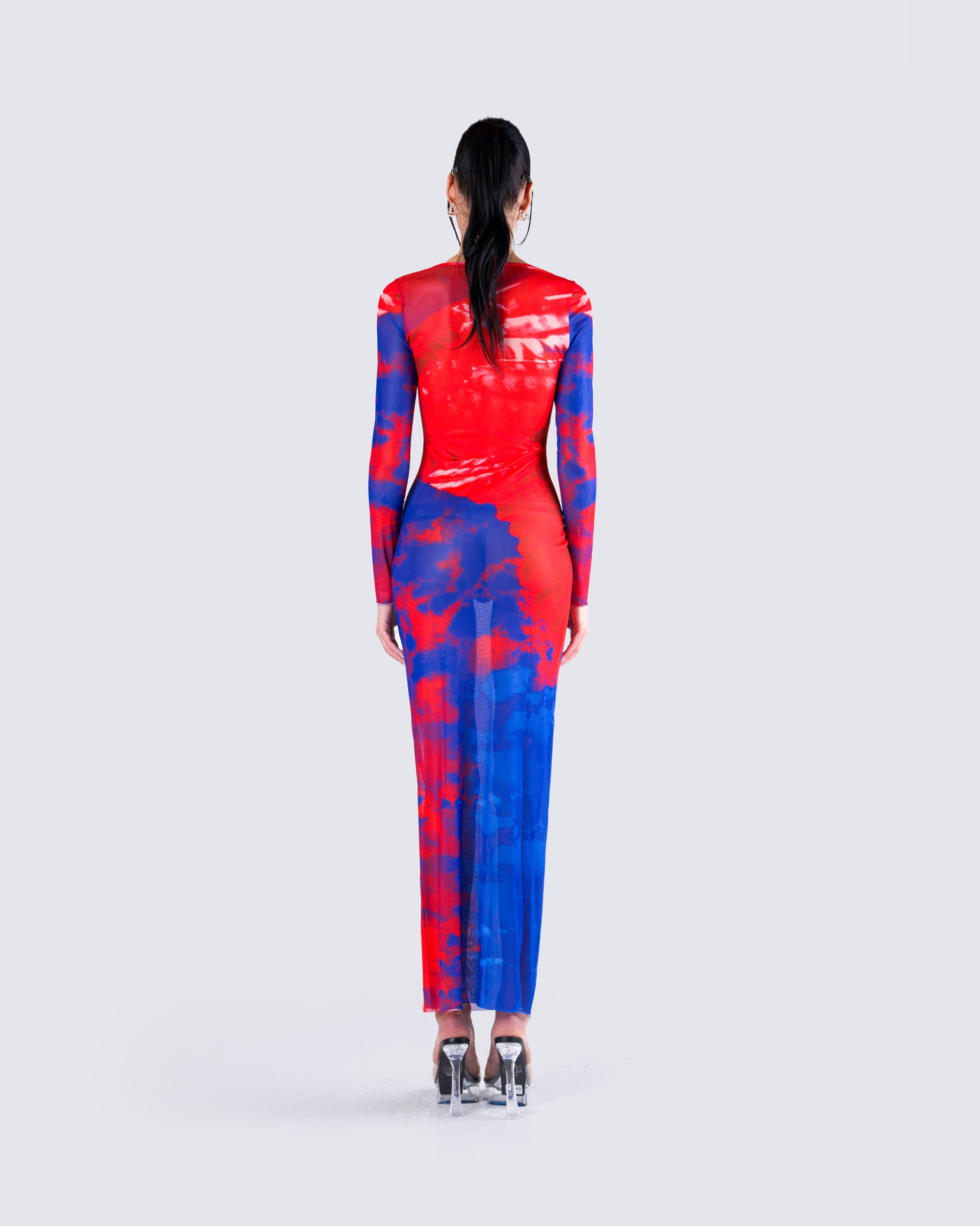 Long Sleeve Mesh Midi Dress In Multi Tie Dye | SilkFred US