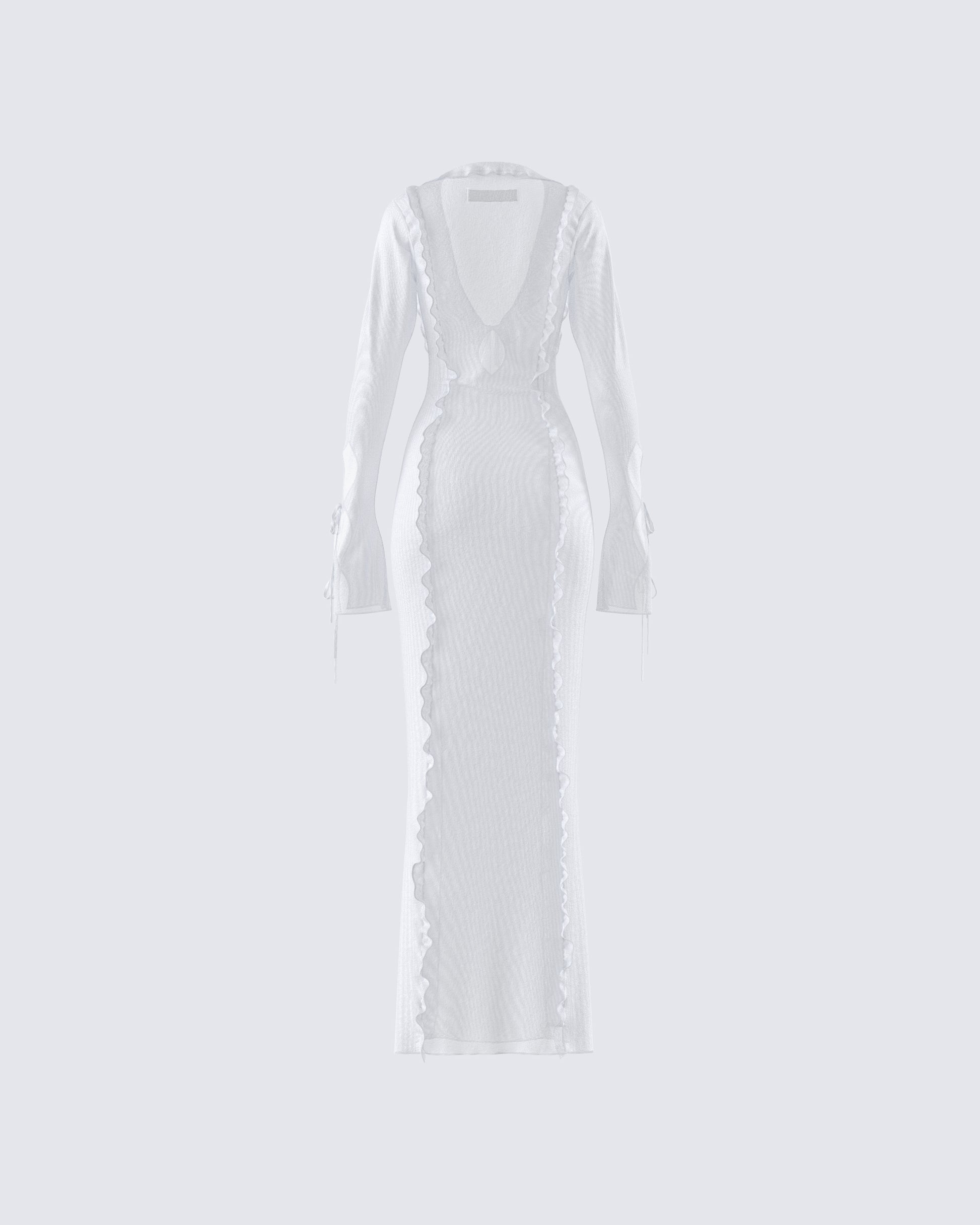White Mesh Maxi Dress - Plunge V-Neck Bell Sleeve FINESSE White Mesh Maxi Dress - Plunge V-Neck Bell Sleeve FINESSE