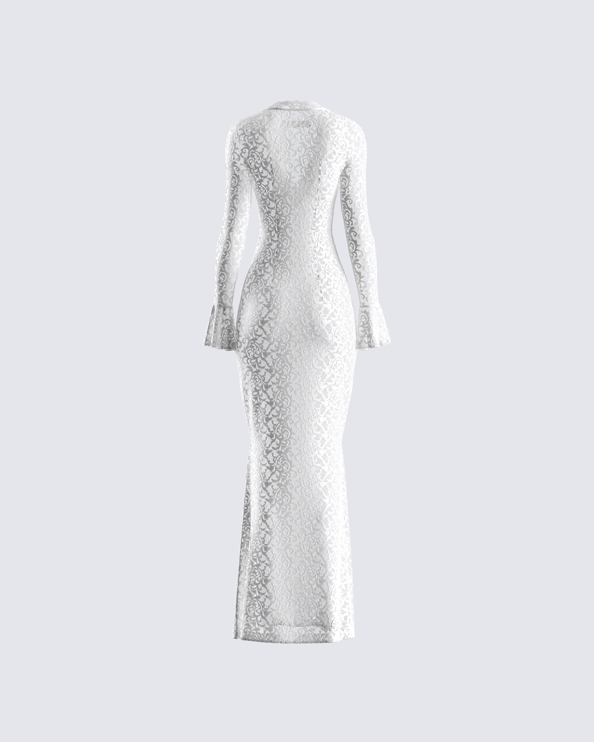 White Lace Maxi Dress - Long Sleeve V-Neck Formal FINESSE White Lace Maxi Dress - Long Sleeve V-Neck Formal FINESSE